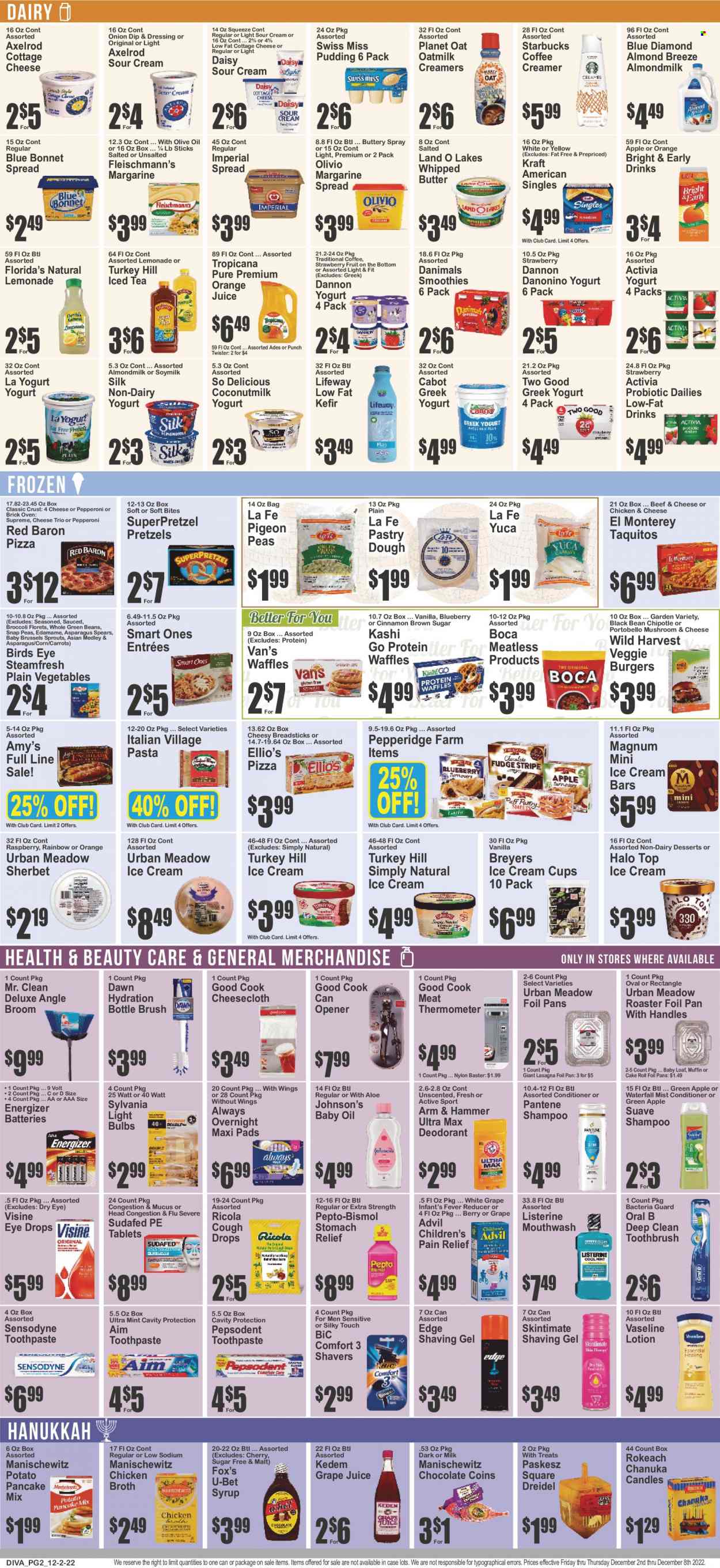 thumbnail - Brooklyn Fare Flyer - 12/02/2022 - 12/08/2022 - Sales products - portobello mushrooms, pretzels, cake, waffles, asparagus, broccoli, carrots, corn, green beans, brussel sprouts, Wild Harvest, pizza, pasta, pancakes, Bird's Eye, lasagna meal, taquitos, Kraft®, cottage cheese, Kraft Singles, greek yoghurt, pudding, Activia, Dannon, Danimals, Swiss Miss, almond milk, milk, soy milk, Silk, Almond Breeze, kefir, oat milk, margarine, whipped butter, sour cream, creamer, ice cream, ice cream bars, sherbet, snap peas, Red Baron, SuperPretzel, ricola, Florida's Natural, bread sticks, ARM & HAMMER, cane sugar, chicken broth, broth, coconut milk, toor dal, cinnamon, dressing, syrup, Blue Diamond, lemonade, orange juice, juice, ice tea, Kedem, smoothie, Starbucks, Johnson's, baby oil, shampoo, Suave, Vaseline, Listerine, toothbrush, Oral-B, toothpaste, Sensodyne, mouthwash, Pepsodent, sanitary pads, conditioner, Pantene, body lotion, anti-perspirant, deodorant, BIC, thermometer, broom, angle broom, cup, meat thermometer, Pigeon, bottle brush, candle, battery, bulb, Energizer, light bulb, Sylvania, Twister, Sudafed, pain relief, Pepto-bismol, eye drops, Advil Rapid, cough drops. Page 3.
