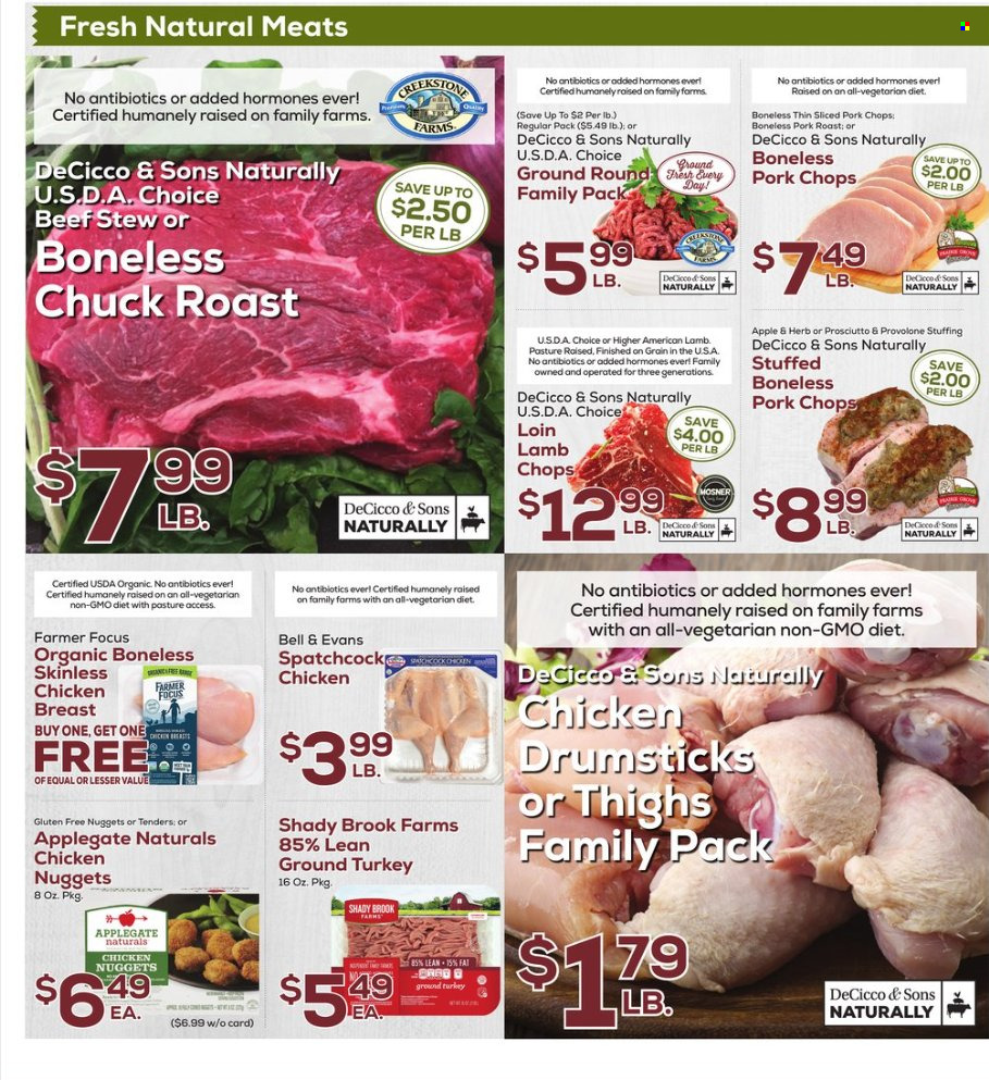 thumbnail - DeCicco & Sons Flyer - 12/02/2022 - 12/08/2022 - Sales products - nuggets, chicken nuggets, Provolone, ground turkey, chicken breasts, chicken drumsticks, spatchcock chicken, beef meat, chuck roast, pork chops, pork meat, pork roast, lamb chops, lamb meat. Page 4.