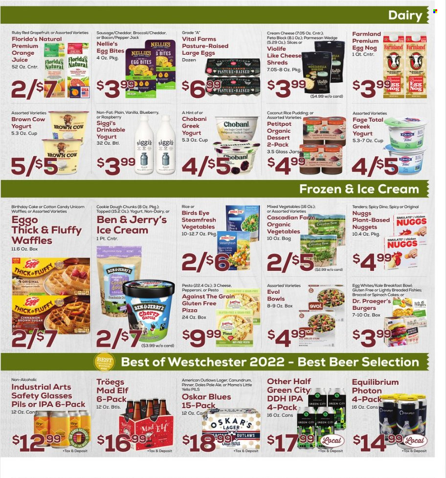 thumbnail - DeCicco & Sons Flyer - 12/02/2022 - 12/08/2022 - Sales products - cake, waffles, Bella, broccoli, kale, grapefruits, coconut, pizza, nuggets, hamburger, breakfast bowl, Bird's Eye, Mama's, bacon, sausage, pepperoni, cream cheese, cheddar, parmesan, feta, greek yoghurt, yoghurt, Chobani, rice pudding, large eggs, ice cream, Ben & Jerry's, mixed vegetables, cookie dough, cotton candy, Florida's Natural, cane sugar, pepper, cinnamon, pesto, orange juice, juice, beer, Lager, IPA. Page 7.