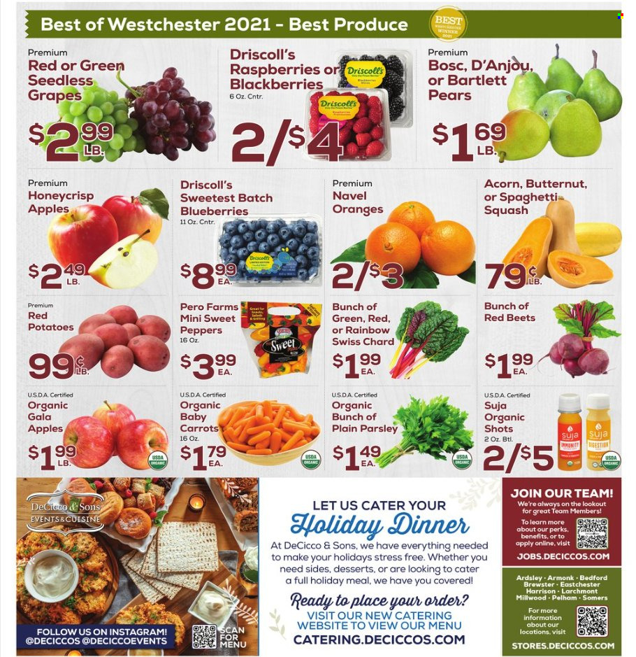thumbnail - DeCicco & Sons Flyer - 12/02/2022 - 12/08/2022 - Sales products - carrots, sweet peppers, potatoes, parsley, peppers, red potatoes, apples, Bartlett pears, blackberries, blueberries, Gala, grapes, seedless grapes, pears, oranges, butternut squash, navel oranges. Page 8.