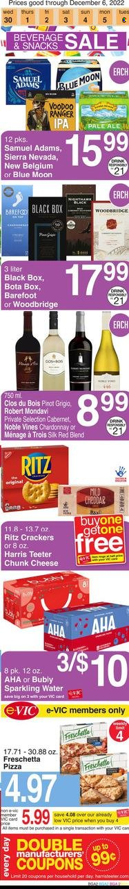 thumbnail - Harris Teeter Flyer - 11/30/2022 - 12/06/2022 - Sales products - pizza, mild cheddar, cheddar, chunk cheese, Silk, snack, crackers, RITZ, Harris, sparkling water, Cabernet Sauvignon, white wine, Chardonnay, wine, Pinot Grigio, Woodbridge, beer, IPA, Blue Moon. Page 2.