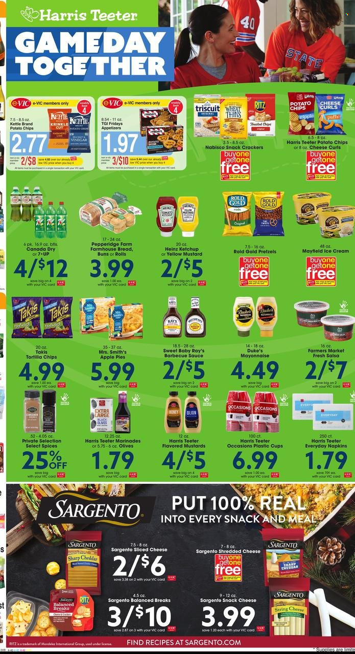 thumbnail - Harris Teeter Flyer - 11/30/2022 - 12/06/2022 - Sales products - pretzels, buns, puffs, cod, sauce, shredded cheese, sliced cheese, string cheese, Sargento, mayonnaise, ice cream, snack, crackers, RITZ, tortilla chips, potato chips, chips, Smith's, Thins, Harris, Heinz, olives, BBQ sauce, mustard, ketchup, salsa, honey, Canada Dry, napkins. Page 7.