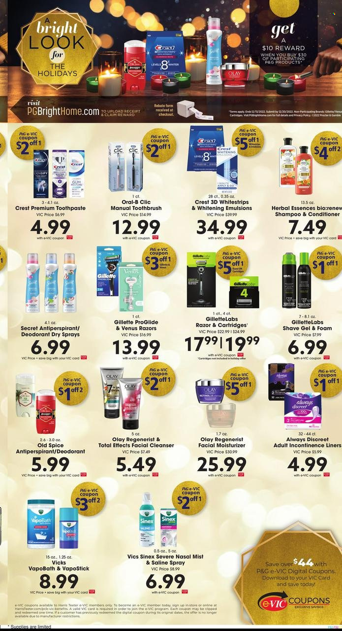 thumbnail - Harris Teeter Flyer - 11/30/2022 - 12/06/2022 - Sales products - Harris, spice, shampoo, Old Spice, cleanser, moisturizer, Olay, conditioner, Herbal Essences, Gillette, razor, shave gel, Venus. Page 10.