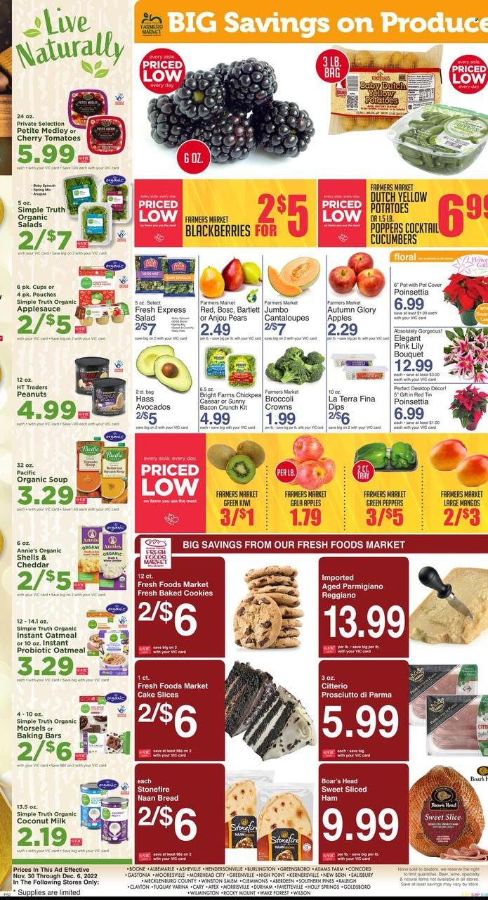 thumbnail - Harris Teeter Flyer - 11/30/2022 - 12/06/2022 - Sales products - bread, cake, cantaloupe, cucumber, tomatoes, potatoes, salad, peppers, avocado, Gala, kiwi, pears, soup, Annie's, bacon, ham, prosciutto, cheese, Parmigiano Reggiano, cookies, oatmeal, coconut milk, apple sauce, peanuts, wine, beer, WAVE. Page 11.