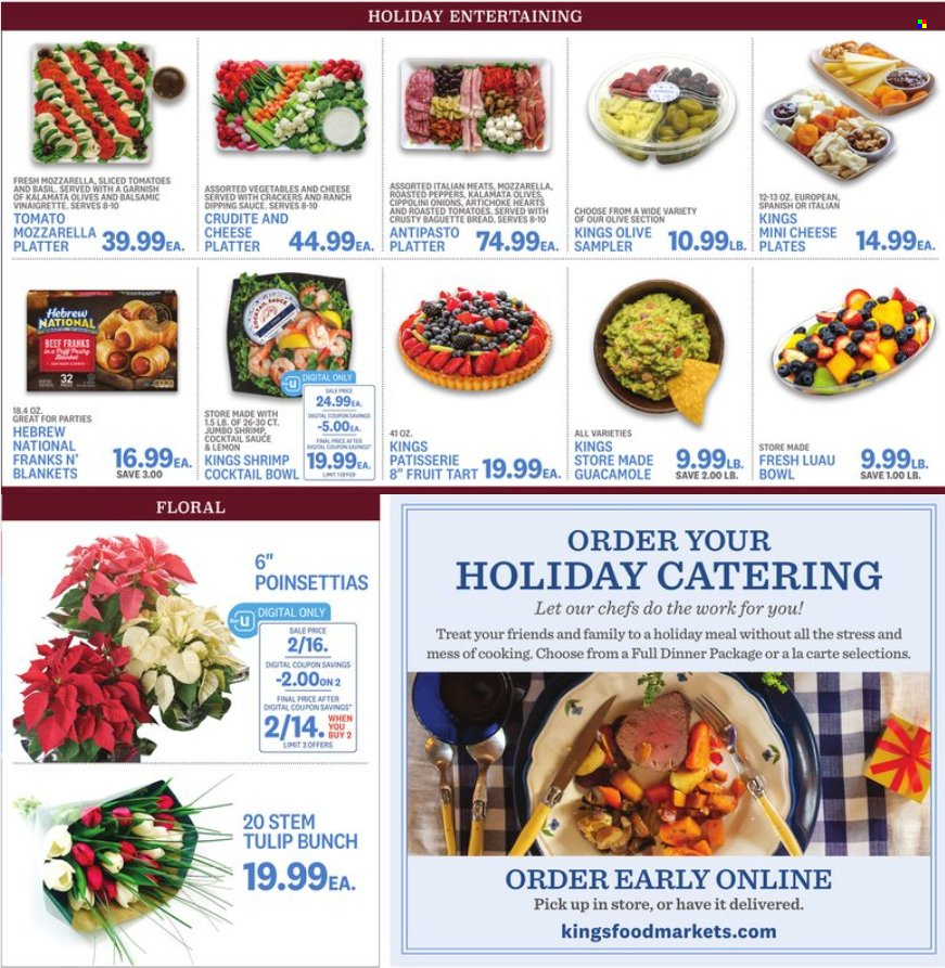 thumbnail - Kings Food Markets Flyer - 12/02/2022 - 12/08/2022 - Sales products - baguette, fruit tart, shrimps, guacamole, mozzarella, crackers, olives, cocktail sauce, vinaigrette dressing. Page 2.