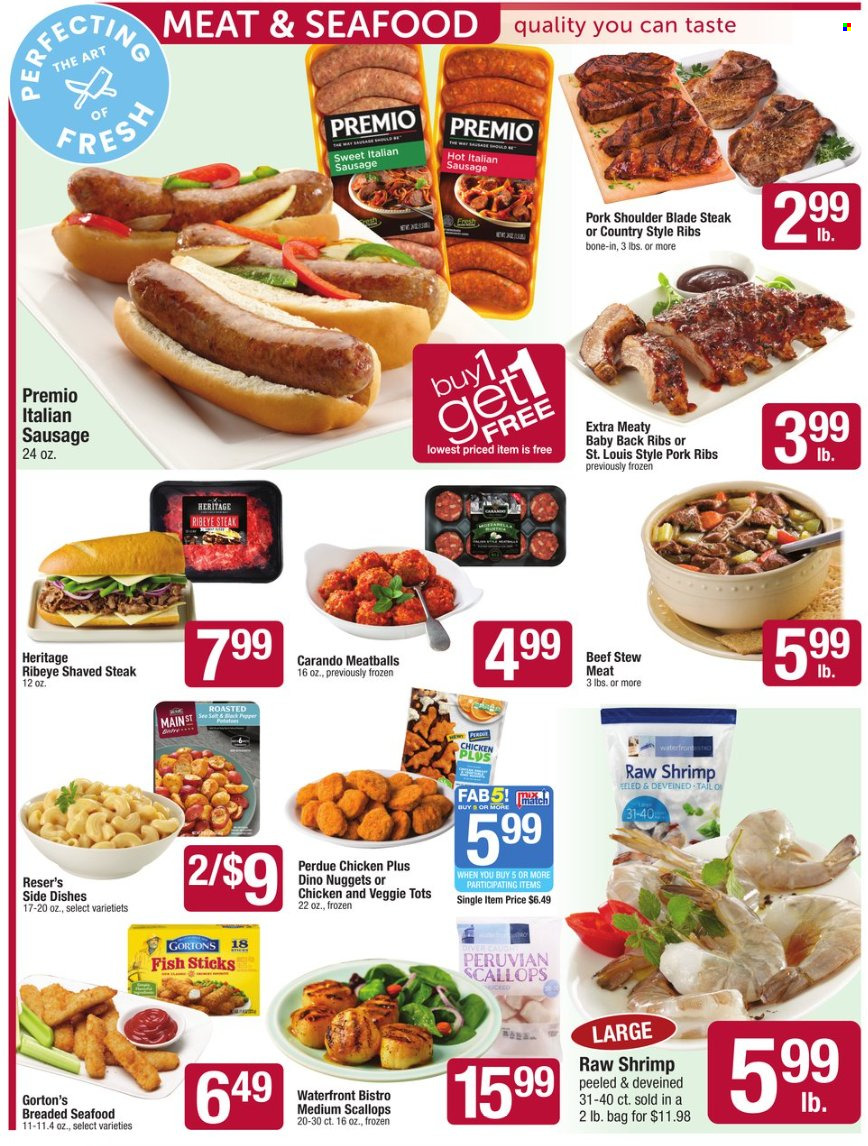 thumbnail - Star Market Flyer - 12/02/2022 - 12/08/2022 - Sales products - stew meat, scallops, seafood, fish, shrimps, fish fingers, Gorton's, fish sticks, meatballs, nuggets, Perdue®, sausage, italian sausage, beef meat, beef steak, steak, ribeye steak, pork meat, pork ribs, pork shoulder, pork back ribs, country style ribs. Page 5.