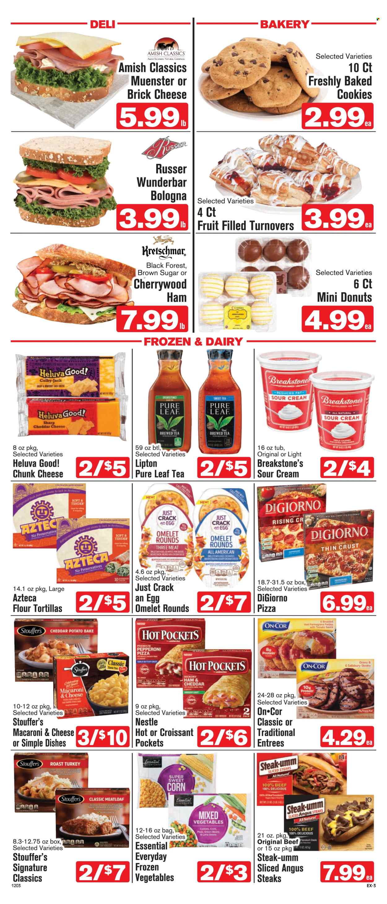 thumbnail - Shop ‘n Save Express Flyer - 12/03/2022 - 12/09/2022 - Sales products - tortillas, croissant, tacos, turnovers, flour tortillas, donut, beans, corn, garlic, green beans, sweet corn, steak, meatloaf, macaroni & cheese, hot pocket, pizza, sandwich, sauce, bacon, ham, bologna sausage, sausage, pork sausage, pepperoni, brick cheese, Colby cheese, Monterey Jack cheese, Münster cheese, chunk cheese, cage free eggs, sour cream, lima beans, mixed vegetables, Stouffer's, cookies, Nestlé, tomato sauce, Lipton, tea, Pure Leaf. Page 3.