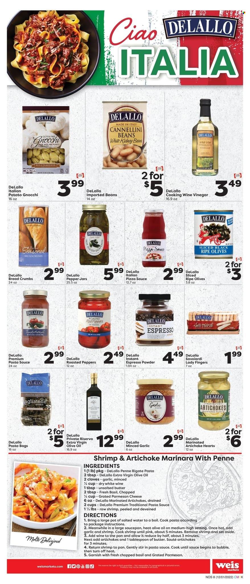 thumbnail - Weis Flyer - 12/01/2022 - 01/04/2023 - Sales products - red peppers, shrimps, gnocchi, pasta sauce, parmesan, lady fingers, cannellini beans, kidney beans, olives, penne, pepper, cloves, extra virgin olive oil, vinegar, wine vinegar, olive oil, oil, cooking wine, bag, pot, pan, saucepan, jar. Page 8.