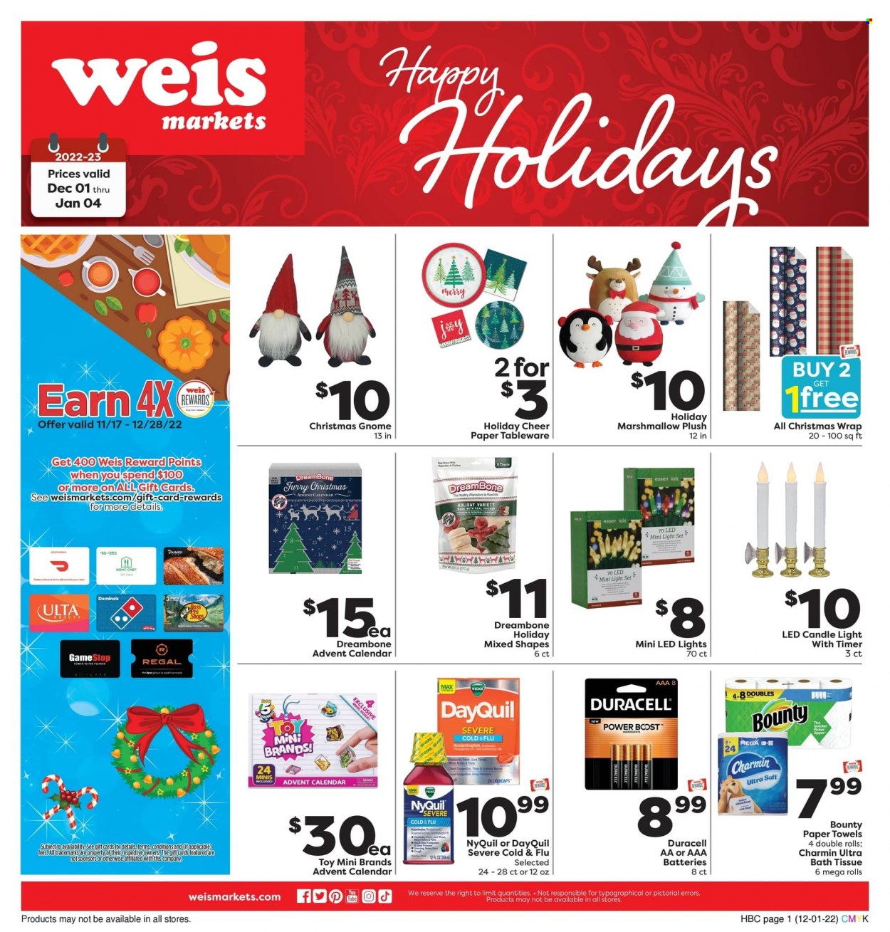 thumbnail - Weis Flyer - 12/01/2022 - 01/04/2023 - Sales products - advent calendar, marshmallows, Bounty, bath tissue, kitchen towels, paper towels, Charmin, Joy, tableware, calendar, christmas wrap, candle, battery, Duracell, AAA batteries, toys, DayQuil, Cold & Flu, NyQuil, Vicks. Page 1.