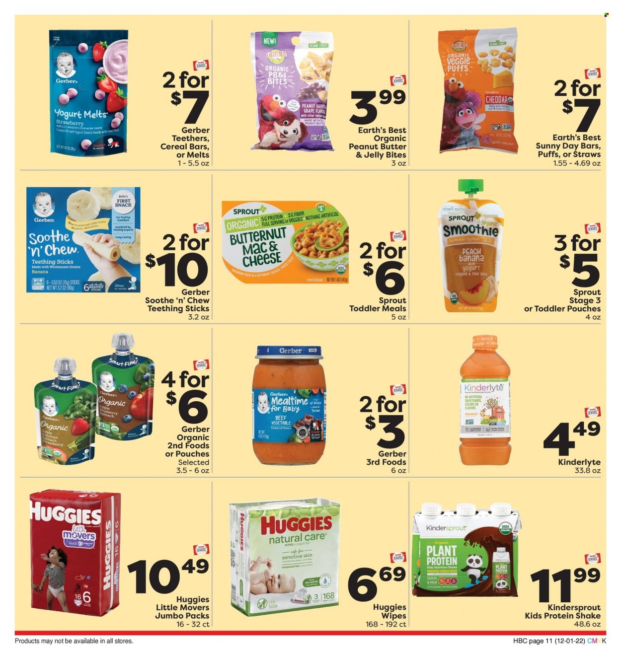 thumbnail - Weis Flyer - 12/01/2022 - 01/04/2023 - Sales products - puffs, corn, zucchini, oranges, macaroni, pasta, sauce, yoghurt, protein drink, shake, chocolate, snack, jelly, cereal bar, Sesame Street, Gerber, plant protein, cereals, peanut butter, smoothie, baby food pouch, wipes, Huggies, straw, plant seeds, butternut squash. Page 11.