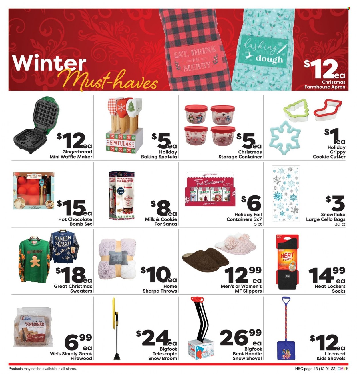 thumbnail - Weis Flyer - 12/01/2022 - 01/04/2023 - Sales products - gingerbread, milk, cookies, Santa, hot chocolate, bag, spatula, container, storage box, Cello, cutter. Page 13.