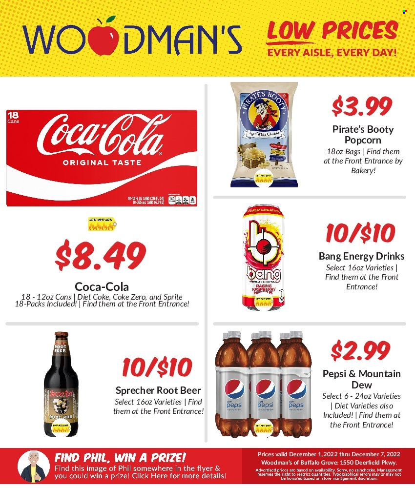 thumbnail - Woodman's Markets Flyer - 12/01/2022 - 12/07/2022 - Sales products - cheddar, cheese, popcorn, Coca-Cola, Mountain Dew, Sprite, Pepsi, energy drink, Diet Coke, Coca-Cola zero, beer. Page 1.