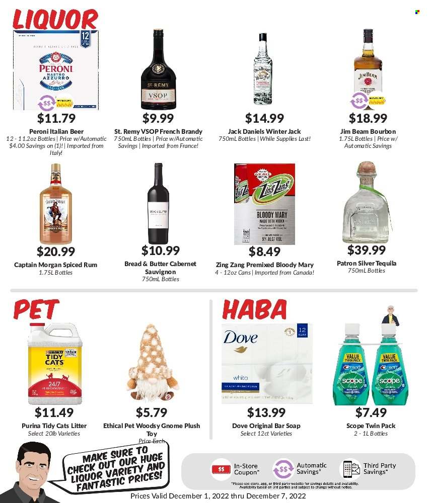 thumbnail - Woodman's Markets Flyer - 12/01/2022 - 12/07/2022 - Sales products - Jack Daniel's, butter, Dove, Cabernet Sauvignon, red wine, wine, bourbon, brandy, Captain Morgan, rum, spiced rum, tequila, liquor, Jim Beam, beer, Peroni, Fab, soap bar, soap, Crest, Purina. Page 6.
