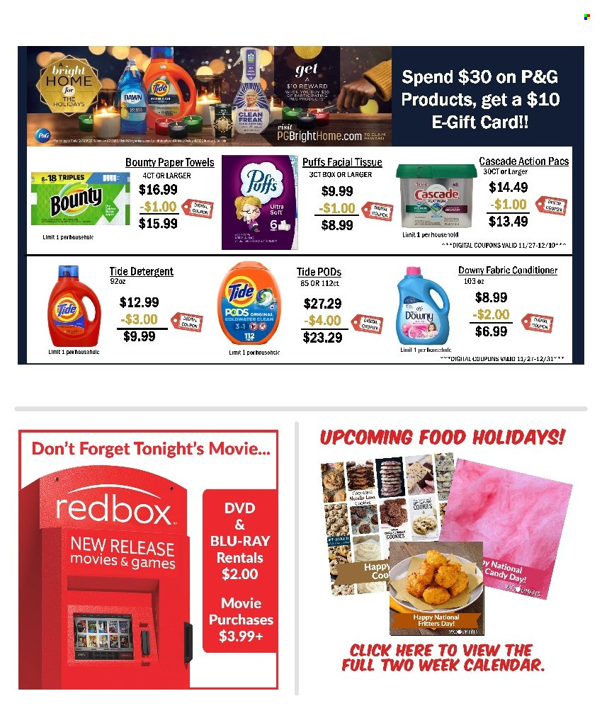 thumbnail - Woodman's Markets Flyer - 12/01/2022 - 12/07/2022 - Sales products - puffs, cookies, Bounty, tissues, kitchen towels, paper towels, detergent, Cascade, Tide, Downy Laundry. Page 7.