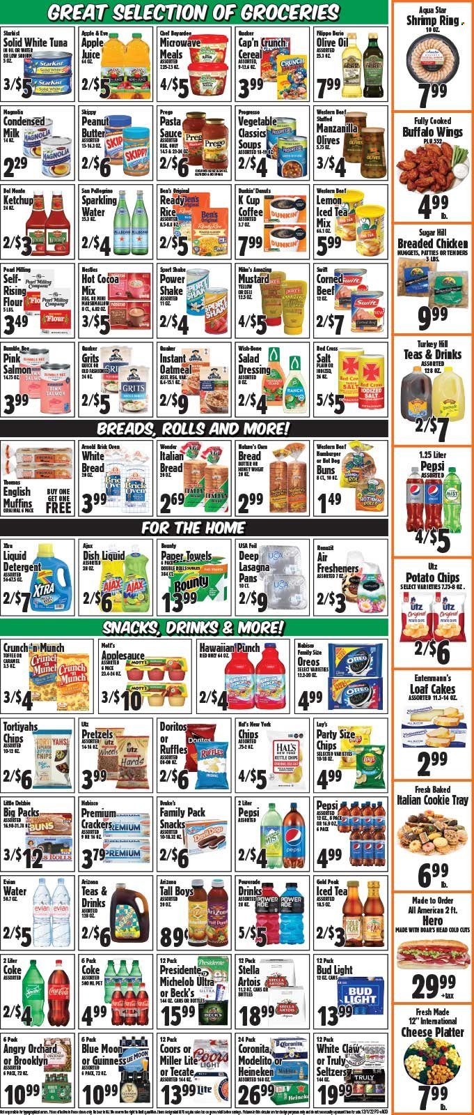 thumbnail - Western Beef Flyer - 12/01/2022 - 12/07/2022 - Sales products - bread, white bread, pretzels, buns, donut, muffin, Dunkin' Donuts, Entenmann's, pears, Mott's, salmon, tuna, shrimps, StarKist, pasta sauce, Bumble Bee, sauce, fried chicken, Quaker, Progresso, lasagna meal, Oreo, milk, condensed milk, shake, marshmallows, snack, Bounty, toffee, crackers, Doritos, potato chips, chips, Lay’s, Ruffles, flour, sugar, oatmeal, grits, olives, Chef Boyardee, Del Monte, cereals, Cap'n Crunch, caramel, mustard, salad dressing, ketchup, dressing, olive oil, oil, apple sauce, peanut butter, Coca-Cola, Powerade, Pepsi, juice, ice tea, AriZona, sparkling water, San Pellegrino, hot cocoa, coffee, coffee capsules, K-Cups, White Claw, TRULY, beer, Bud Light, Heineken, Guinness, Beck's, kitchen towels, paper towels, detergent, Ajax, liquid detergent, XTRA, dishwashing liquid, Renuzit, air freshener, Nature's Own, Miller Lite, Stella Artois, Coors, Blue Moon, Michelob. Page 3.