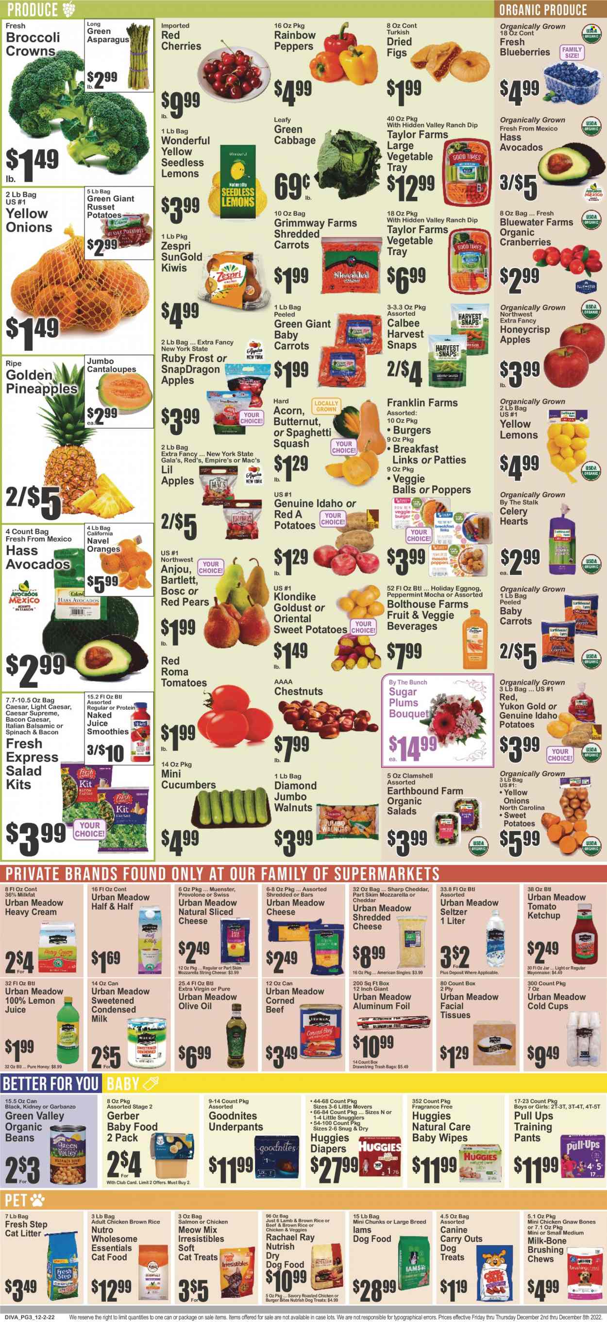thumbnail - Key Food Flyer - 12/02/2022 - 12/08/2022 - Sales products - asparagus, beans, cabbage, cantaloupe, carrots, celery, cucumber, russet potatoes, tomatoes, potatoes, onion, salad, peppers, sleeved celery, apples, avocado, blueberries, figs, Gala, kiwi, pineapple, plums, cherries, pears, oranges, chicken roast, hamburger, corned beef, mozzarella, shredded cheese, sliced cheese, string cheese, Münster cheese, Provolone, milk, condensed milk, mayonnaise, dip, chewing gum, Gerber, sugar, Harvest Snaps, cranberries, brown rice, ketchup, extra virgin olive oil, olive oil, walnuts, chestnuts, dried figs, smoothie, seltzer water, lemon juice, eggnog, Mac’s, beef meat, wipes, Huggies, pants, baby wipes, nappies, baby pants, tissues, facial tissues, trash bags, tray, cup, animal food, cat litter, dry dog food, cat food, dog food, Meow Mix, Fresh Step, Iams, Nutrish, bouquet, butternut squash, underpants, Half and half, navel oranges. Page 4.