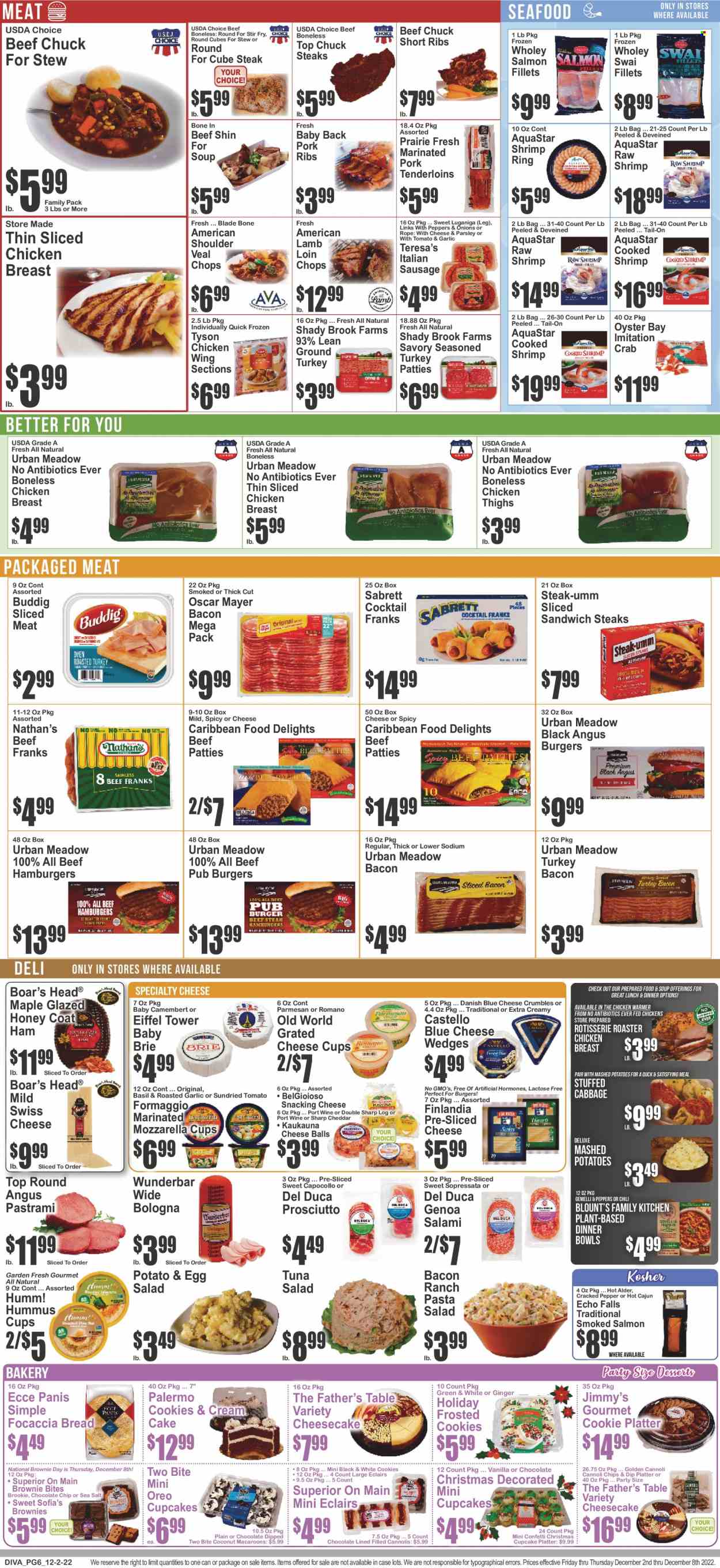 thumbnail - Key Food Flyer - 12/02/2022 - 12/08/2022 - Sales products - bread, cake, focaccia, Father's Table, cupcake, cheesecake, brownies, ginger, parsley, salad, salmon, salmon fillet, smoked salmon, tuna, oysters, seafood, crab, shrimps, swai fillet, mashed potatoes, sandwich, soup, hamburger, pasta, bacon, salami, turkey bacon, ham, prosciutto, pastrami, bologna sausage, Oscar Mayer, sausage, italian sausage, hummus, tuna salad, pasta salad, blue cheese, camembert, mozzarella, sliced cheese, swiss cheese, cheese cup, parmesan, brie, grated cheese, cheese crumbles, Oreo, eggs, dip, cookies, wine, port wine, ground turkey, chicken breasts, chicken thighs, beef meat, veal cutlet, veal meat, steak, pork meat, pork ribs, pork tenderloin, pork back ribs, marinated pork, lamb loin, lamb meat, cup. Page 7.
