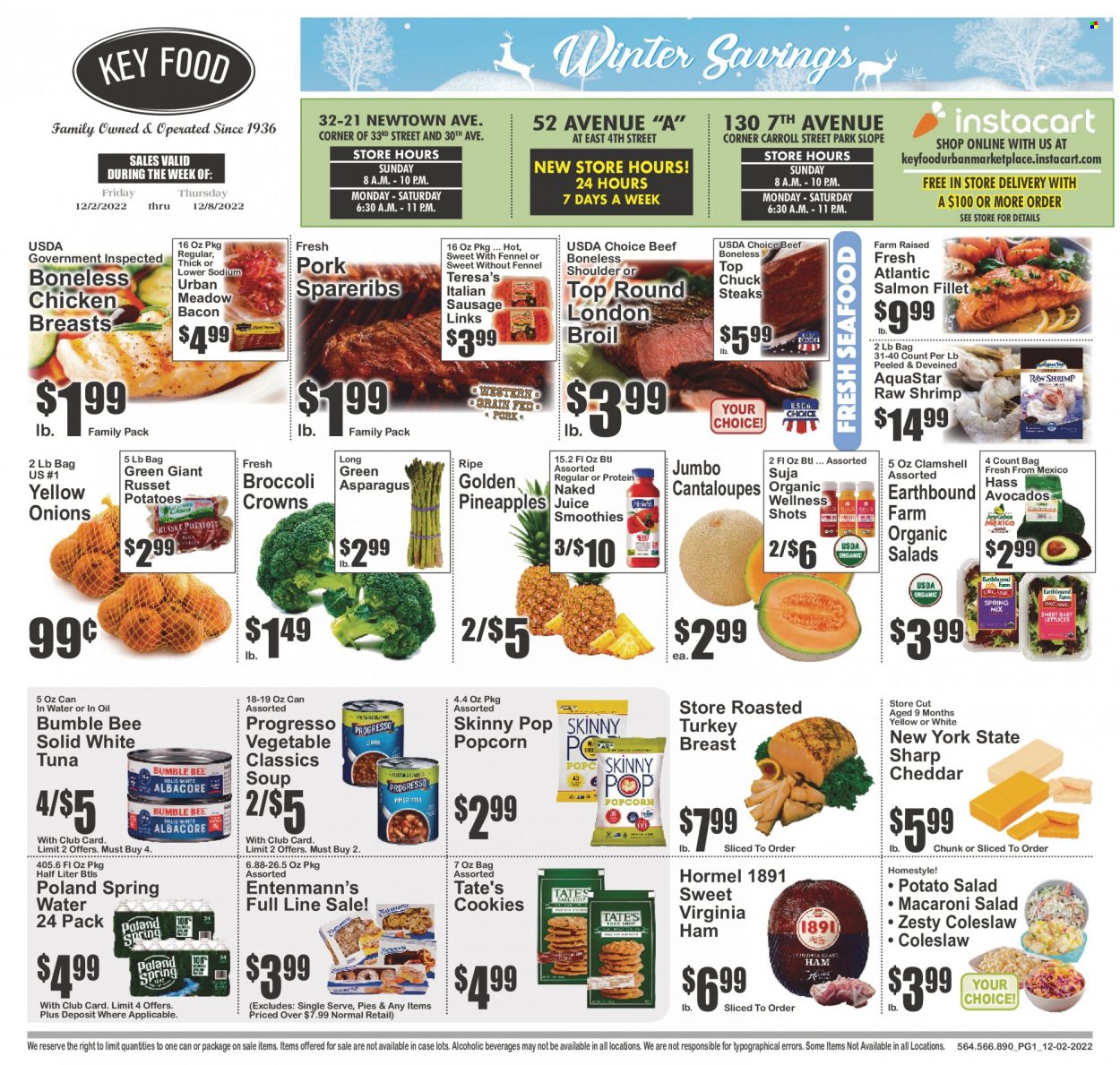 thumbnail - Key Food Flyer - 12/02/2022 - 12/08/2022 - Sales products - Entenmann's, asparagus, cantaloupe, russet potatoes, potatoes, salad, avocado, pineapple, salmon, salmon fillet, tuna, seafood, shrimps, coleslaw, soup, Bumble Bee, Progresso, Hormel, bacon, ham, virginia ham, sausage, italian sausage, potato salad, macaroni salad, cheddar, cheese, cookies, popcorn, Skinny Pop, fennel, juice, smoothie, spring water, chicken breasts, steak, pork spare ribs. Page 1.