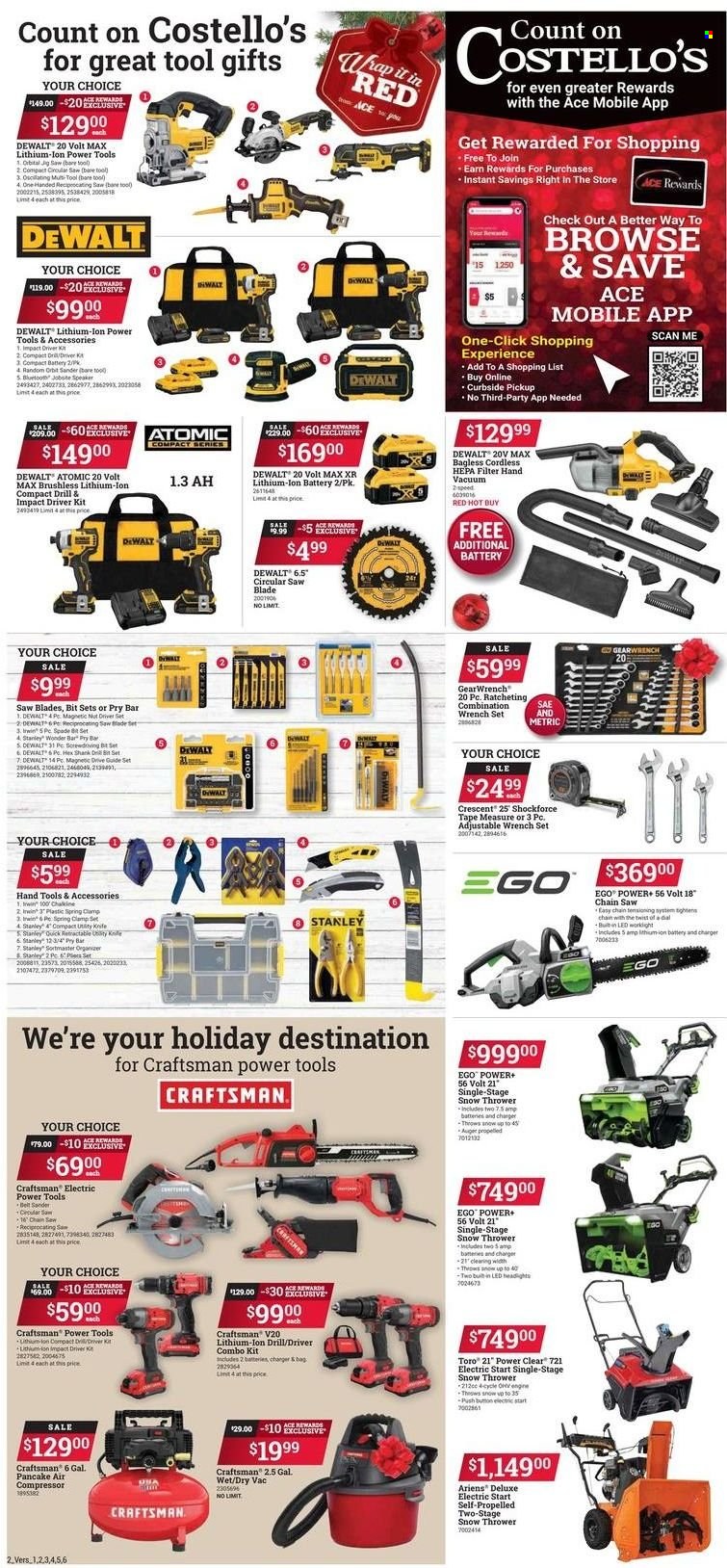 thumbnail - ACE Hardware Flyer - 12/01/2022 - 12/24/2022 - Sales products - tools & accessories, Orbit, Ego, knife, vacuum cleaner, Thrower, Stanley, DeWALT, impact driver, power tools, Craftsman, circular saw blade, random orbit sander, chain saw, circular saw, jig saw, belt sander, reciprocating saw blade, pry bar, combo kit, wrench set, spade, hand tools, air compressor, measuring tape. Page 2.