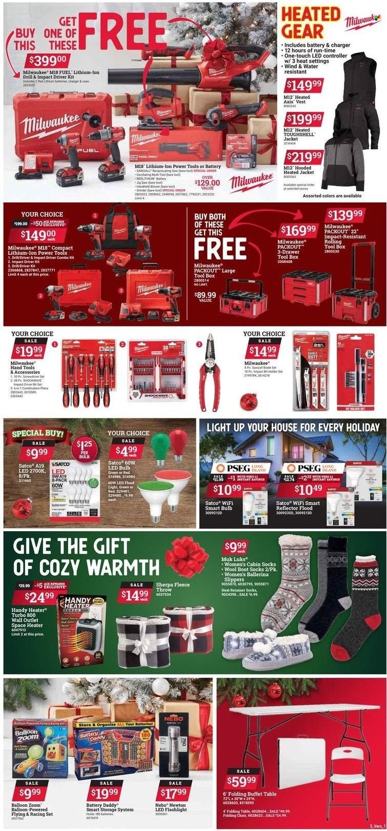 thumbnail - ACE Hardware Flyer - 12/01/2022 - 12/24/2022 - Sales products - tools & accessories, balloons, bulb, LED bulb, fleece throw, grinder, table, folding table, folding chair, flashlight, vest, chair, floodlight, heater, Milwaukee, screwdriver, impact driver, power tools, saw, reciprocating saw, tool box, combo kit, blower, screwdriver set, hand tools. Page 3.
