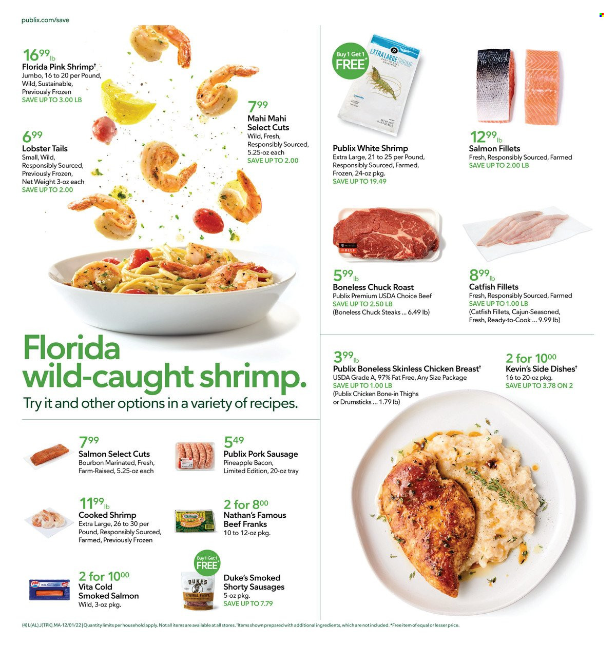 thumbnail - Publix Flyer - 12/01/2022 - 12/07/2022 - Sales products - pineapple, catfish, lobster, mahi mahi, salmon, salmon fillet, smoked salmon, lobster tail, shrimps, bacon, sausage, pork sausage, chicken breasts, beef meat, steak, chuck roast. Page 4.