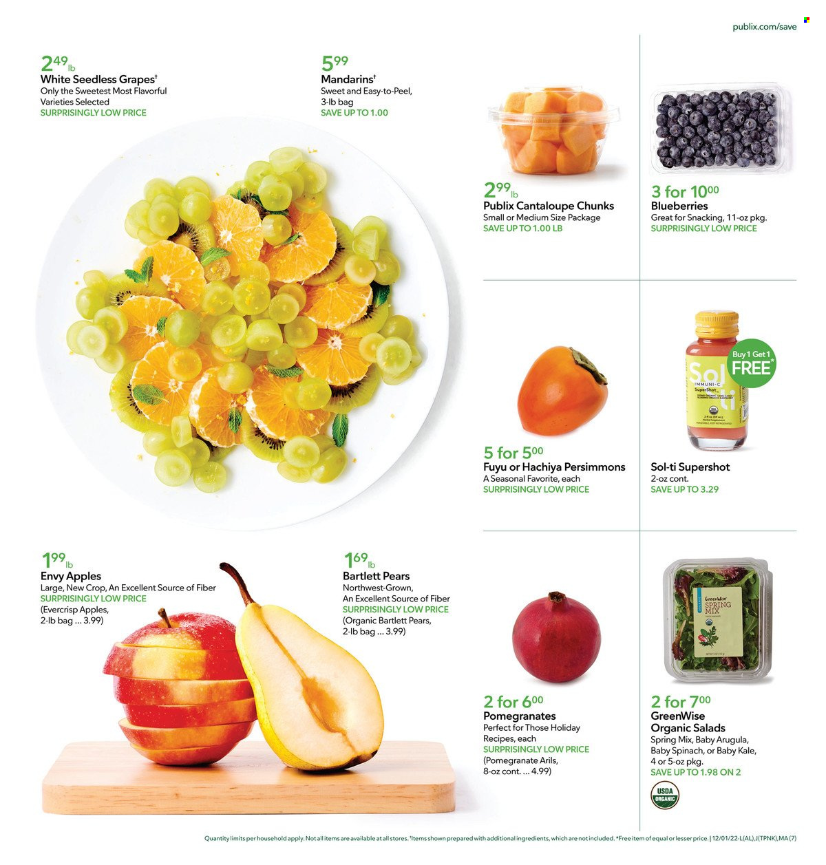 thumbnail - Publix Flyer - 12/01/2022 - 12/07/2022 - Sales products - cantaloupe, kale, apples, Bartlett pears, grapes, mandarines, seedless grapes, pears, persimmons, Sol, pomegranate. Page 7.