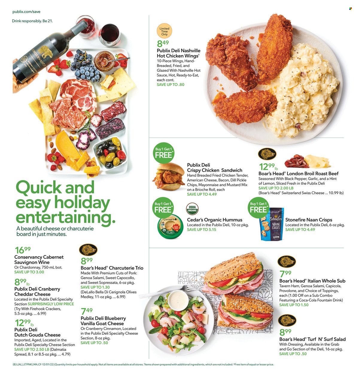 thumbnail - Publix Flyer - 12/01/2022 - 12/07/2022 - Sales products - brioche, Bella, garlic, sandwich, bacon, salami, ham, hummus, american cheese, goat cheese, gouda, swiss cheese, Provolone, mayonnaise, chicken wings, crackers, dill pickle, chips, olives, dill, cinnamon, mustard, hot sauce, Coca-Cola, Cabernet Sauvignon, Chardonnay, beef meat, roast beef, Surf. Page 8.