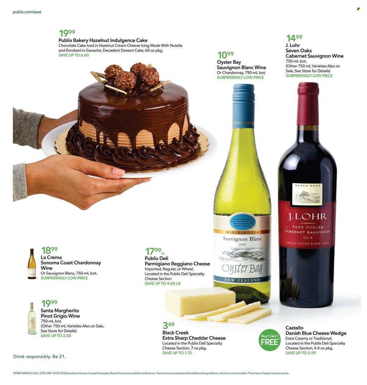 thumbnail - Publix Flyer - 12/01/2022 - 12/07/2022 - Sales products - cake, chocolate cake, oysters, blue cheese, cheddar, cheese, Parmigiano Reggiano, Nutella, chocolate, Santa, Cabernet Sauvignon, Chardonnay, wine, Pinot Grigio, Sauvignon Blanc. Page 10.