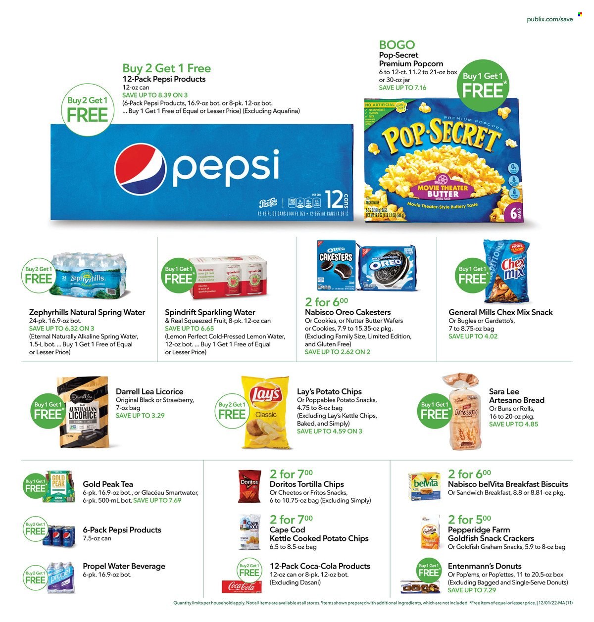 thumbnail - Publix Flyer - 12/01/2022 - 12/07/2022 - Sales products - buns, Sara Lee, donut, Entenmann's, cod, Oreo, butter, cookies, wafers, snack, crackers, biscuit, Doritos, Fritos, tortilla chips, potato chips, Cheetos, chips, Lay’s, popcorn, Goldfish, Chex Mix, belVita, Coca-Cola, Pepsi, Gold Peak Tea, Spindrift, spring water, sparkling water, Smartwater, tea. Page 15.
