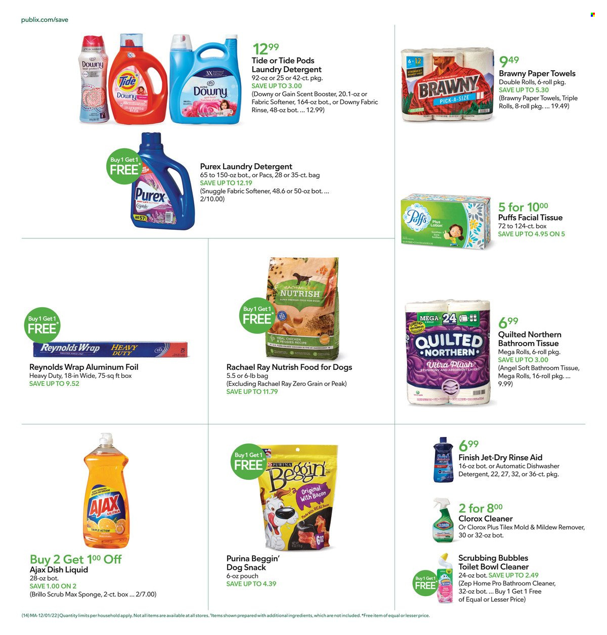 thumbnail - Publix Flyer - 12/01/2022 - 12/07/2022 - Sales products - puffs, snack, bath tissue, Quilted Northern, kitchen towels, paper towels, detergent, Gain, Scrubbing Bubbles, cleaner, Clorox, Ajax, Snuggle, Tide, fabric softener, laundry detergent, Purex, Downy Laundry, dishwashing liquid, Jet, body lotion, Purina, Beggin', Nutrish. Page 18.