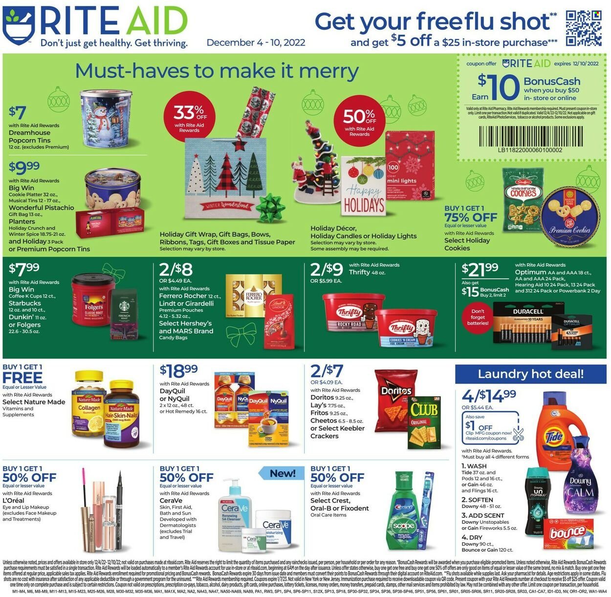 thumbnail - RITE AID Flyer - 12/04/2022 - 12/10/2022 - Sales products - Hershey's, cookies, Lindt, Ferrero Rocher, Mars, crackers, Keebler, Doritos, Fritos, Cheetos, Lay’s, popcorn, spice, Planters, coffee, Starbucks, Folgers, coffee capsules, K-Cups, alcohol, toilet paper, tissues, Gain, Tide, Unstopables, Gain Fireworks, Oral-B, Fixodent, Crest, CeraVe, cleanser, L’Oréal, makeup, cup, candle, Duracell, Optimum, DayQuil, Nature Made, NyQuil. Page 1.