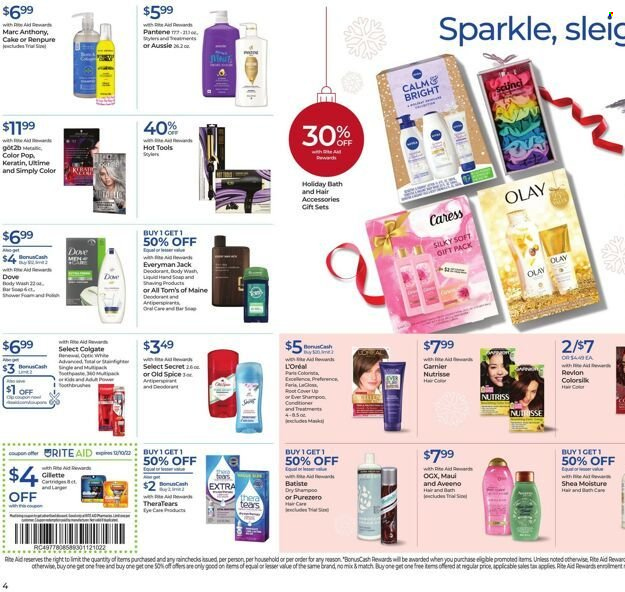 thumbnail - RITE AID Flyer - 12/04/2022 - 12/10/2022 - Sales products - Dove, cake, spice, Aveeno, body wash, shampoo, hand soap, Old Spice, soap, Colgate, Garnier, L’Oréal, Olay, OGX, Aussie, conditioner, Revlon, Pantene, hair color, keratin, anti-perspirant, deodorant, Gillette. Page 9.