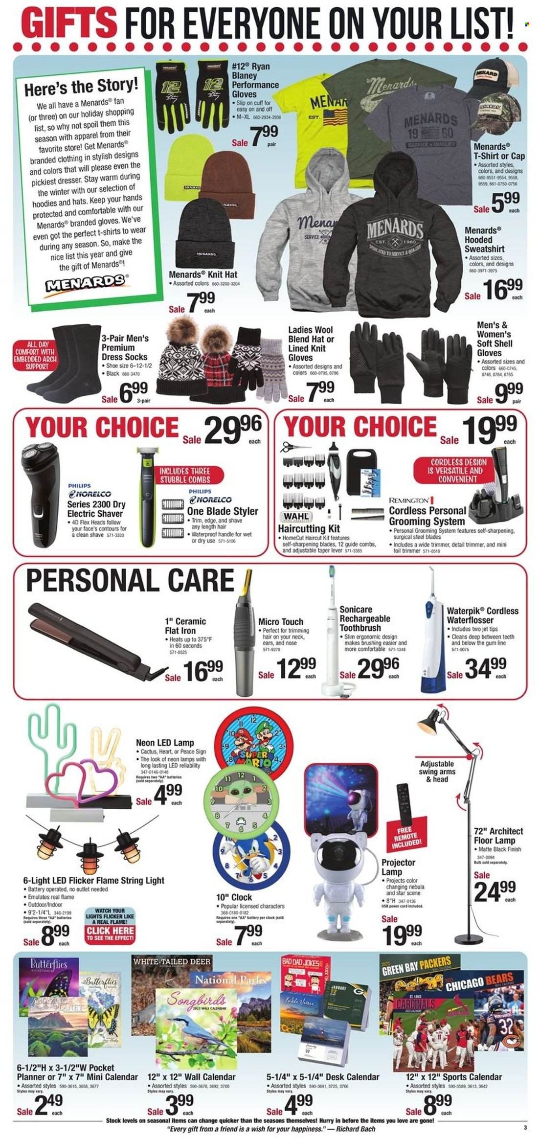 thumbnail - Menards Flyer - 12/02/2022 - 12/11/2022 - Sales products - toothbrush, shaver, clock, calendar, Philips, aa batteries, hoodie, Remington, trimmer, haircutting kit, Norelco, haircut kit, dresser, desk, dress, t-shirt, sweatshirt, socks, cap, knit hat, hat, knit gloves, watch, lamp, floor lamp, string lights, work gloves, cactus, Shell. Page 3.