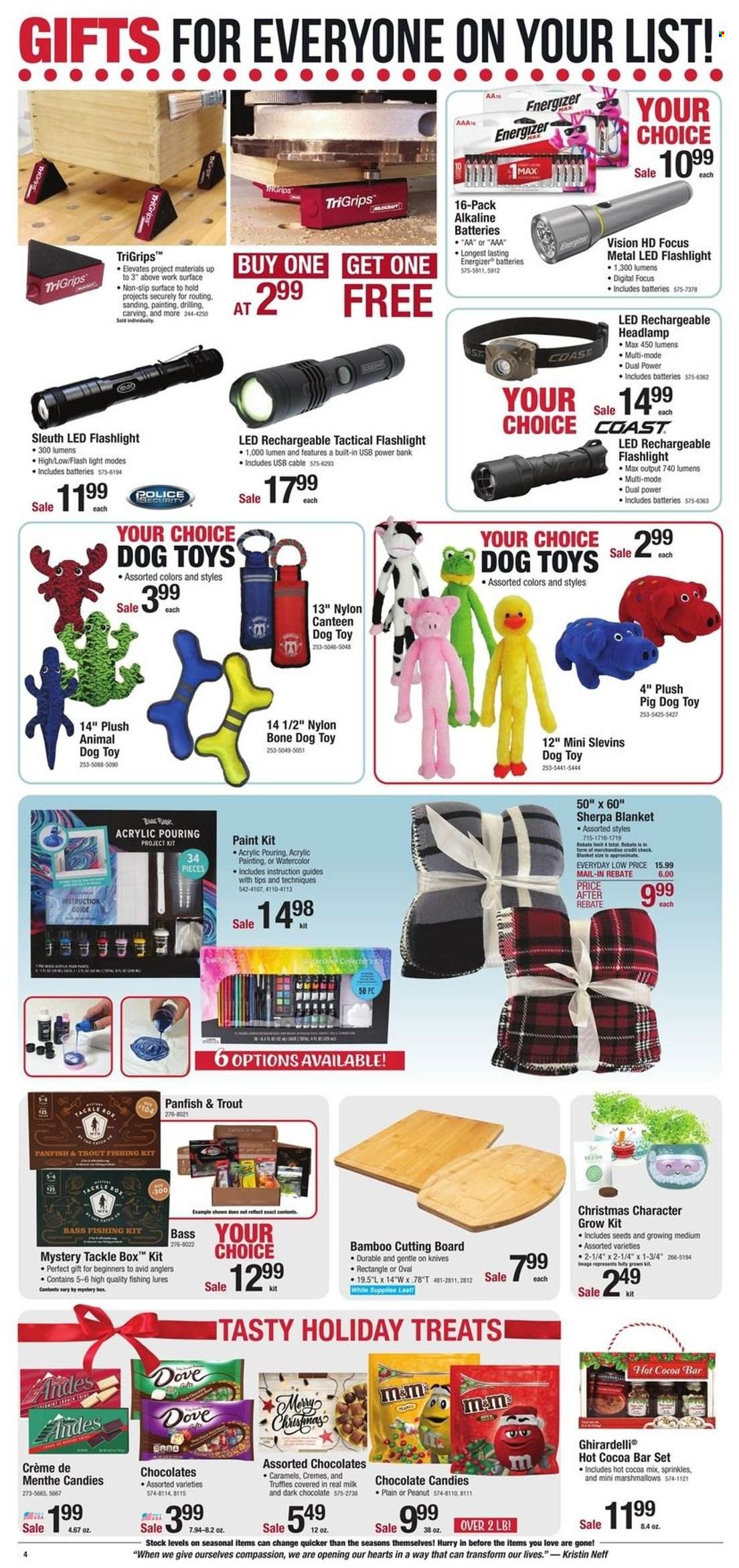thumbnail - Menards Flyer - 12/02/2022 - 12/11/2022 - Sales products - trout, MTR, milk, Dove, marshmallows, truffles, dark chocolate, Ghirardelli, chocolate candies, hot cocoa, creme de menthe, knife, cutting board, Energizer, alkaline batteries, blanket, pet bed, dog toy, power bank, headlamp, tackle box, paint. Page 4.