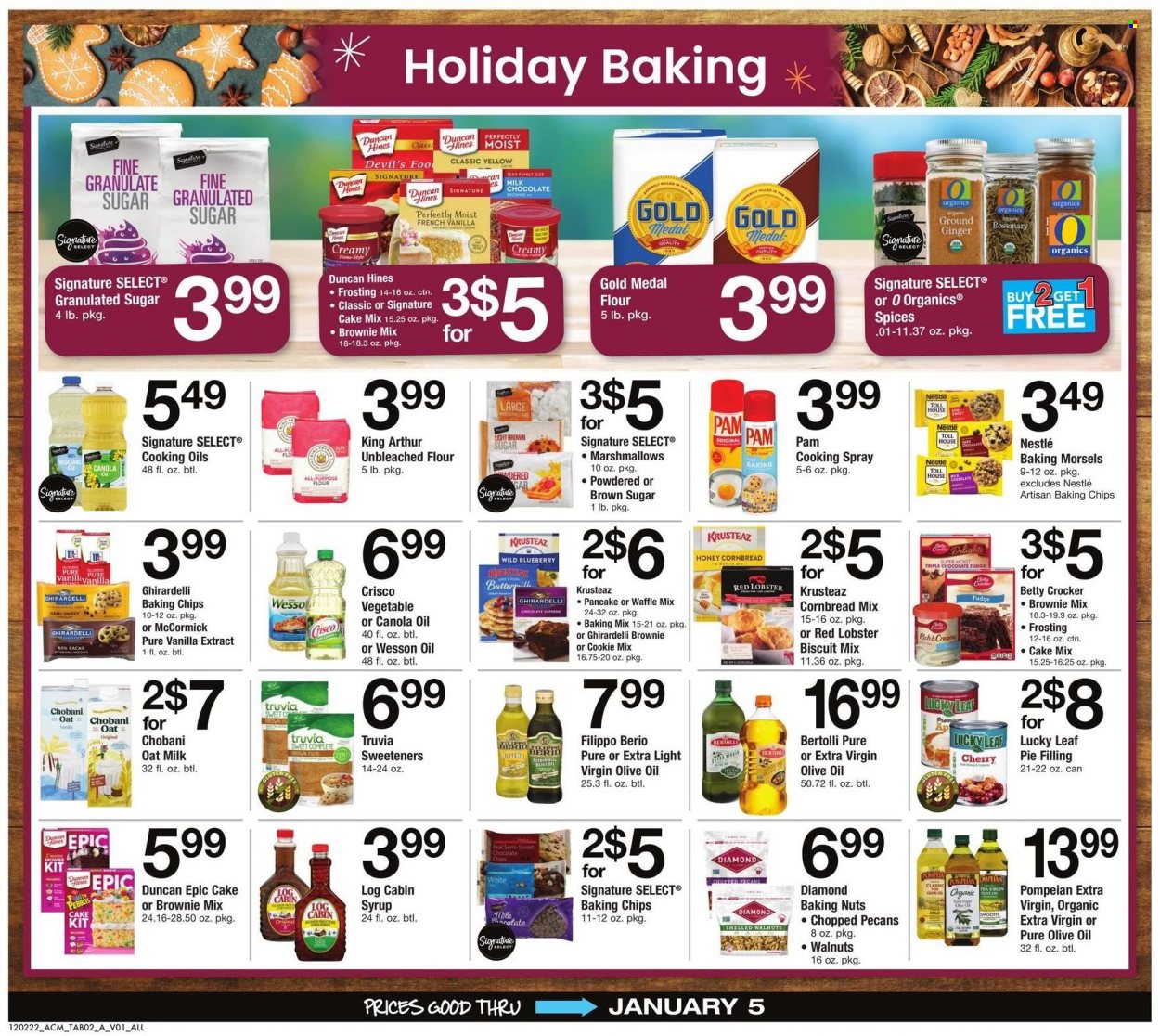 thumbnail - ACME Flyer - 12/02/2022 - 01/05/2023 - Sales products - corn bread, cherry pie, brownie mix, cake mix, ginger, lobster, pancakes, Bertolli, Chobani, oat milk, fudge, marshmallows, milk chocolate, Nestlé, biscuit, Ghirardelli, Crisco, flour, frosting, granulated sugar, pie filling, cherry pie filling, vanilla extract, baking chips, baking mix, ground ginger, rosemary, canola oil, cooking spray, extra virgin olive oil, olive oil, oil, honey, syrup, walnuts, pecans. Page 2.