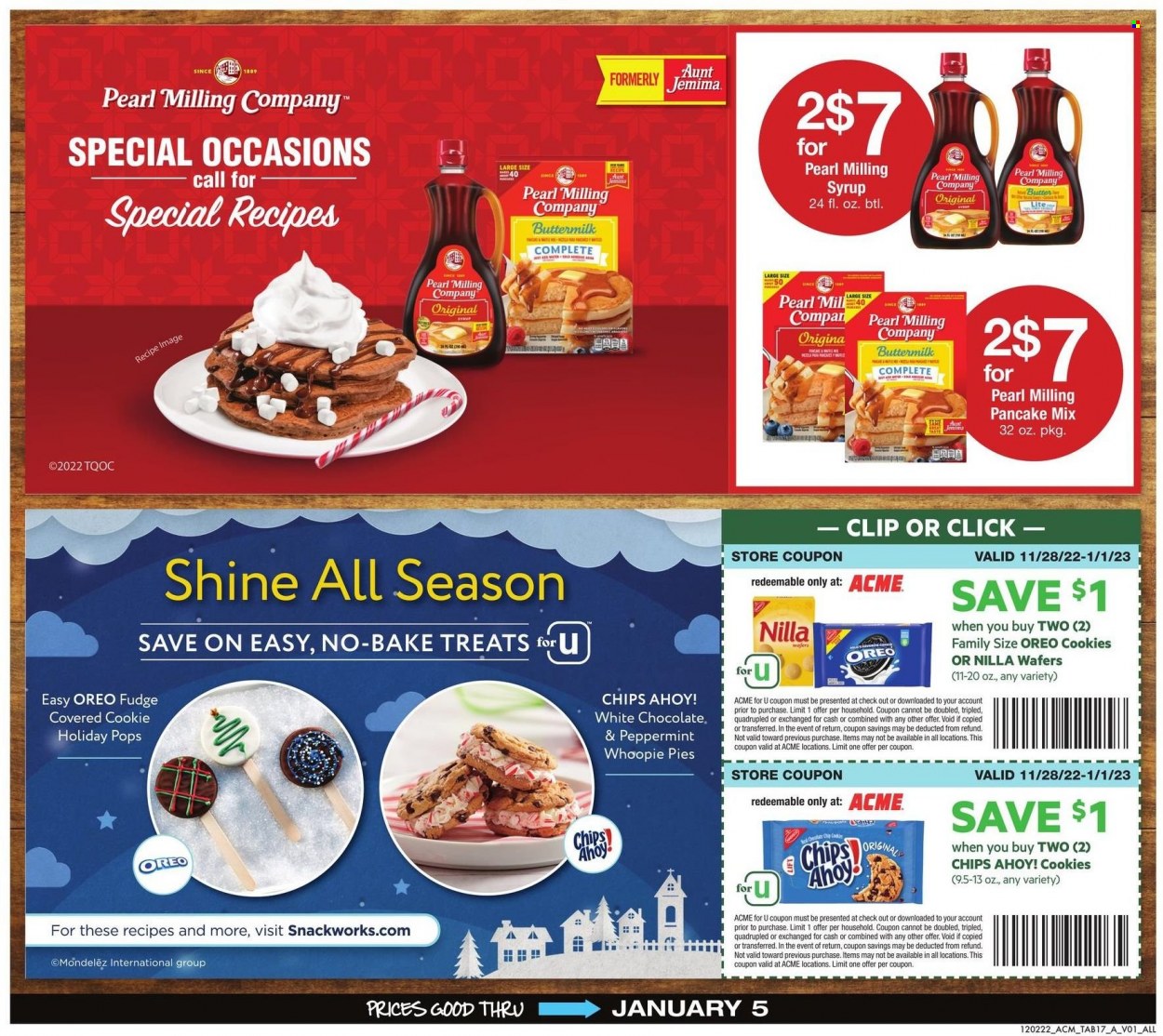 thumbnail - ACME Flyer - 12/02/2022 - 01/05/2023 - Sales products - pancakes, Oreo, buttermilk, cookies, fudge, wafers, chocolate, Chips Ahoy!, chips, syrup, cap. Page 17.