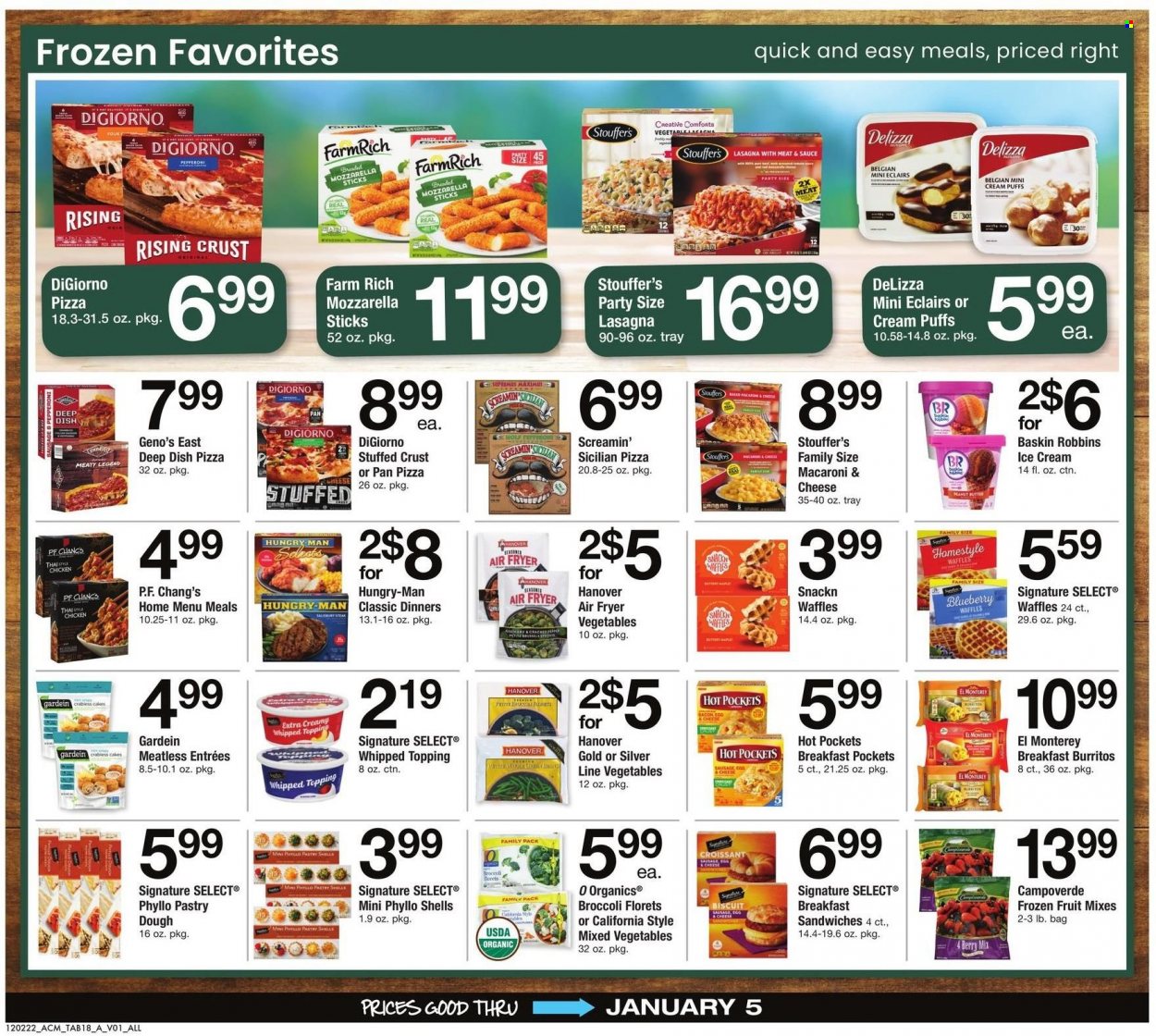 thumbnail - ACME Flyer - 12/02/2022 - 01/05/2023 - Sales products - cake, puffs, waffles, cream puffs, broccoli, macaroni & cheese, hot pocket, pizza, burrito, lasagna meal, sausage, pepperoni, eggs, ice cream, mixed vegetables, Stouffer's, Screamin' Sicilian, biscuit, topping, rice, tray, pan, air fryer. Page 18.