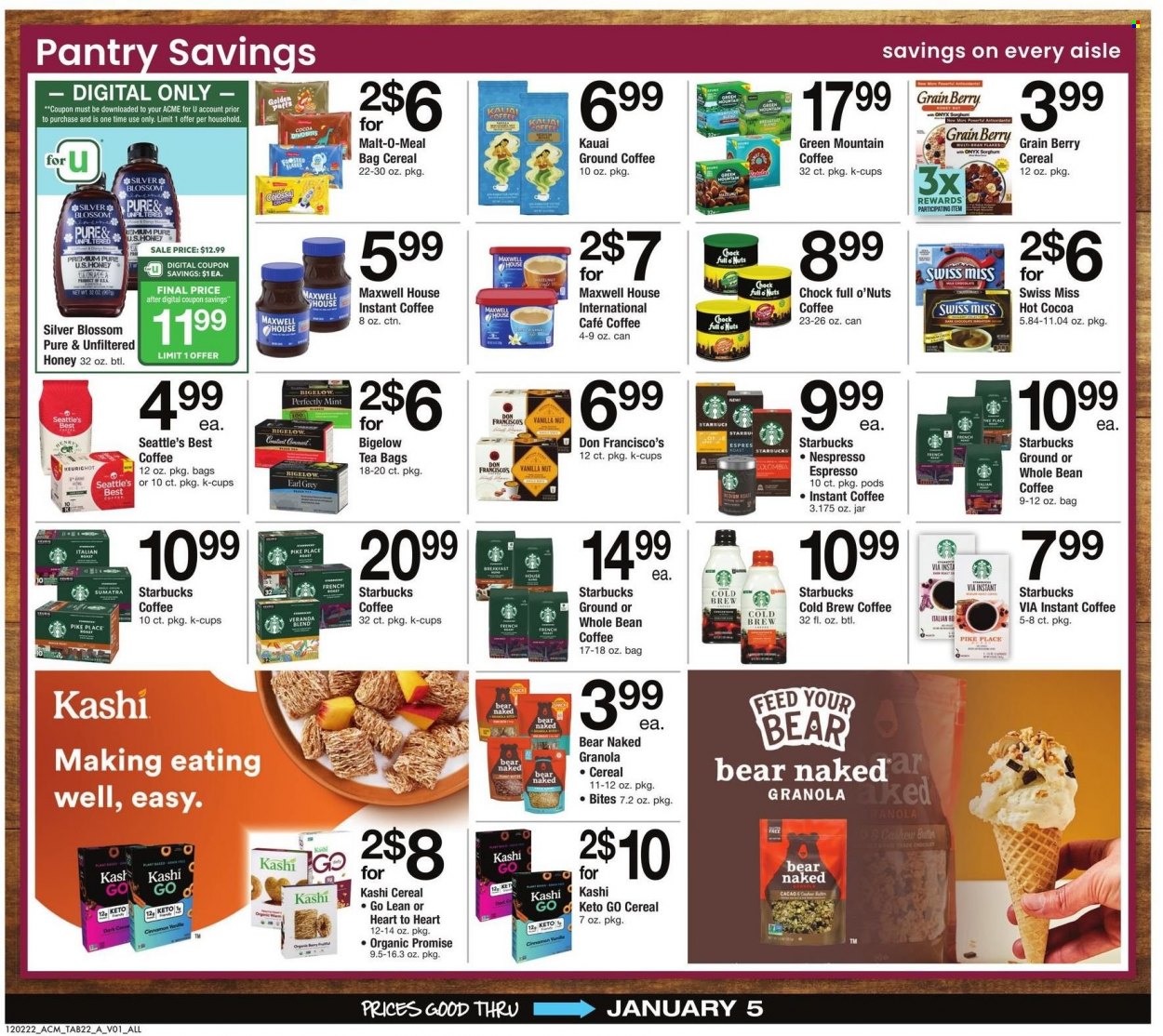 thumbnail - ACME Flyer - 12/02/2022 - 01/05/2023 - Sales products - Swiss Miss, Blossom, milk chocolate, chocolate, malt, cereals, granola, cinnamon, honey, hot cocoa, Maxwell House, tea bags, Starbucks, instant coffee, Nespresso, ground coffee, coffee capsules, K-Cups, Green Mountain. Page 21.