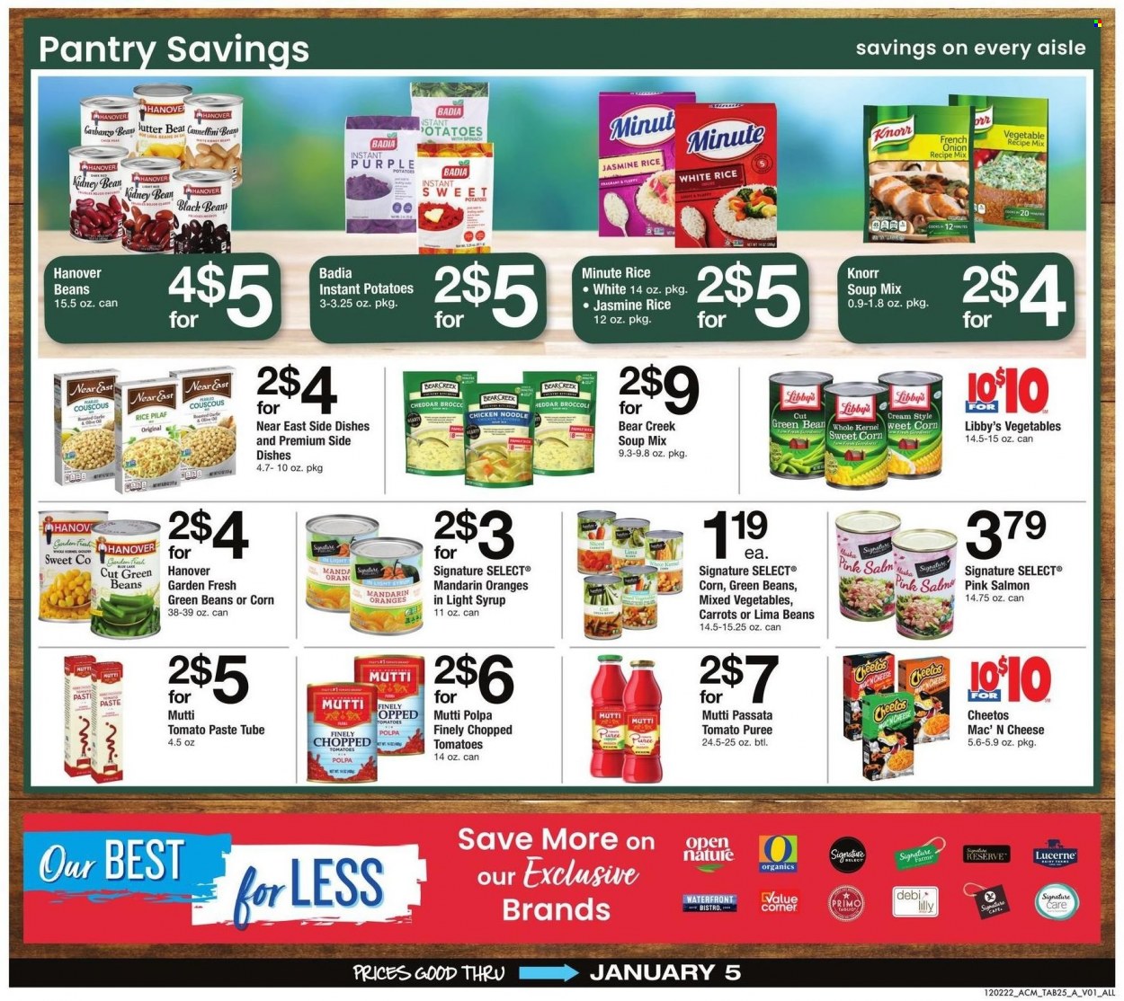 thumbnail - ACME Flyer - 12/02/2022 - 01/05/2023 - Sales products - broccoli, corn, green beans, potatoes, mandarines, oranges, salmon, soup mix, soup, Knorr, noodles, cheddar, cheese, lima beans, mixed vegetables, Cheetos, black beans, cannellini beans, tomato paste, tomato sauce, tomato puree, Badia, chopped tomatoes, couscous, rice, jasmine rice, white rice, syrup. Page 24.