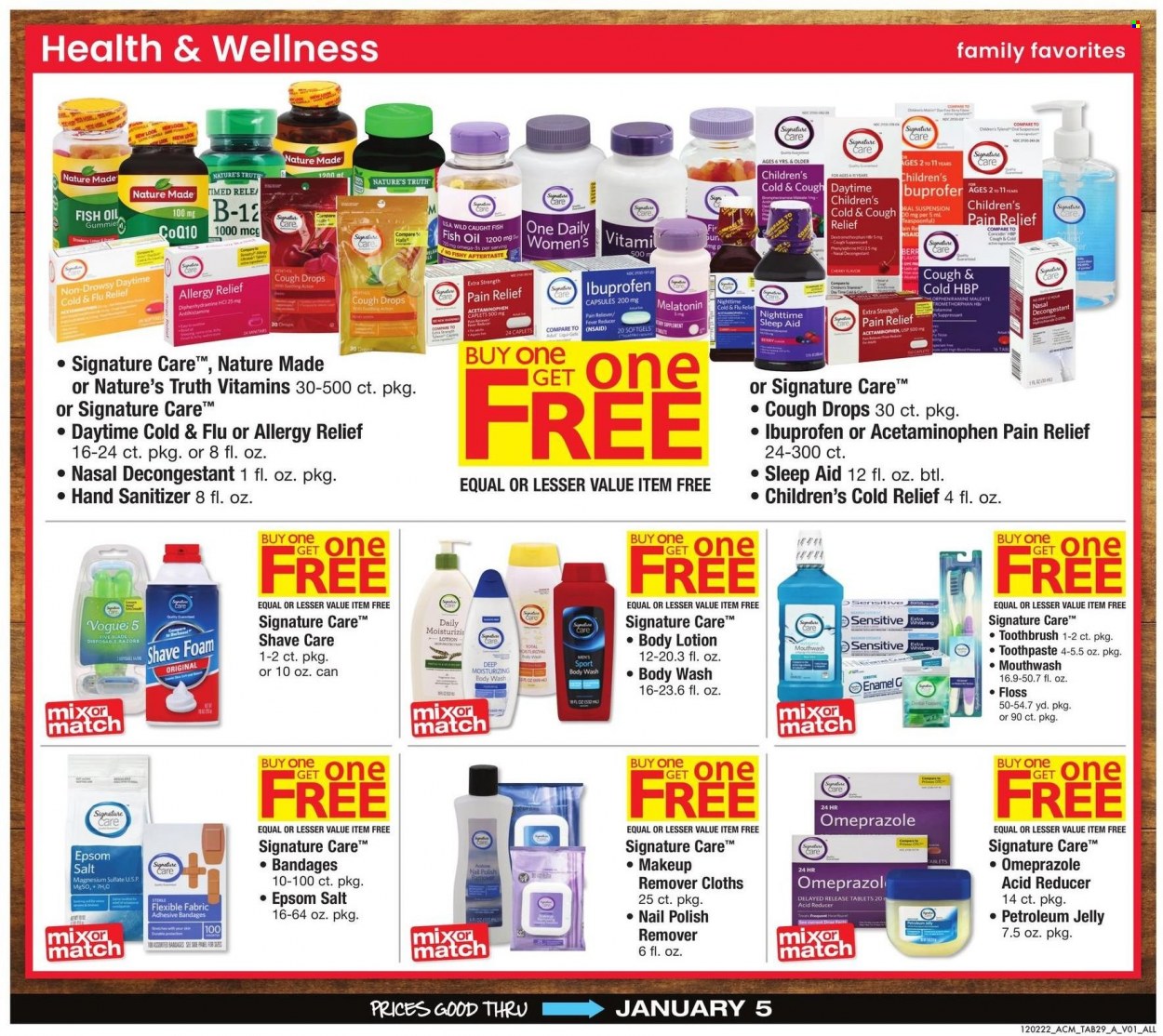 thumbnail - ACME Flyer - 12/02/2022 - 01/05/2023 - Sales products - cherries, Halls, oil, petroleum jelly, body wash, toothbrush, toothpaste, mouthwash, body lotion, hand sanitizer, polish, makeup remover, pain relief, Coricidin, Cold & Flu, fish oil, magnesium, Nature Made, Nature's Truth, Ibuprofen, Advil Rapid, cough drops, one daily, allergy relief. Page 28.