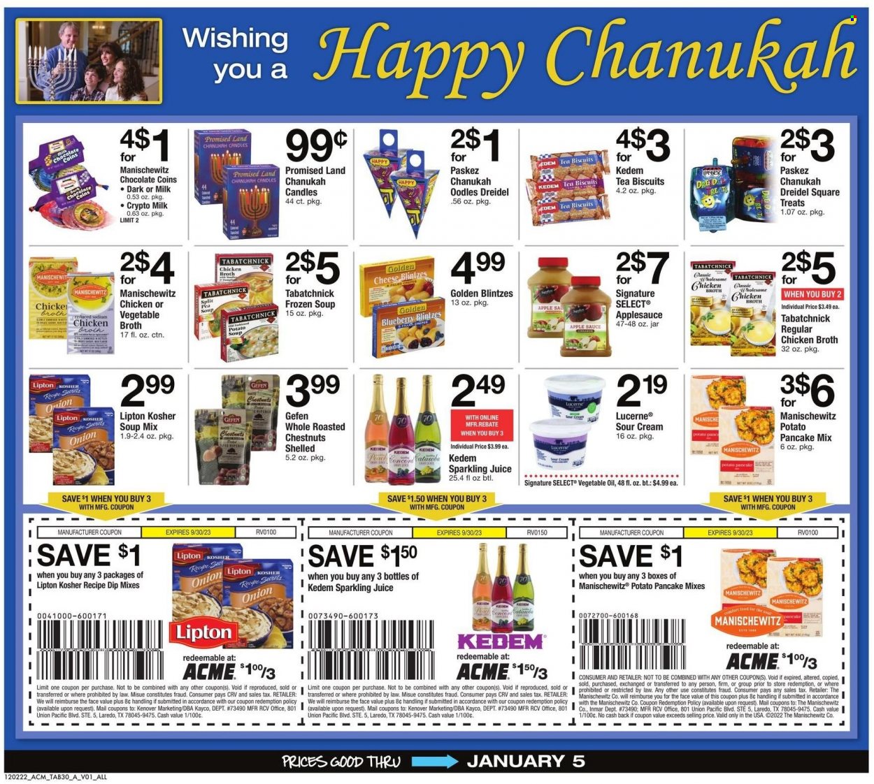 thumbnail - ACME Flyer - 12/02/2022 - 01/05/2023 - Sales products - soup mix, soup, sauce, pancakes, cheese, milk, sour cream, chocolate, biscuit, chicken broth, broth, vegetable oil, oil, apple sauce, chestnuts, juice, Lipton, sparkling juice, Kedem, plate, candle. Page 29.