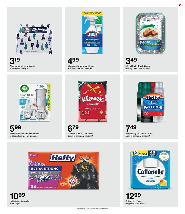 thumbnail - Target Flyer - 12/04/2022 - 12/10/2022 - Sales products - cake, oil, bath tissue, Cottonelle, Kleenex, cleaner, Clorox, Fabuloso, bag, Hefty, trash bags, cup, Air Wick, scented oil, towel, hand towel, hat. Page 32.