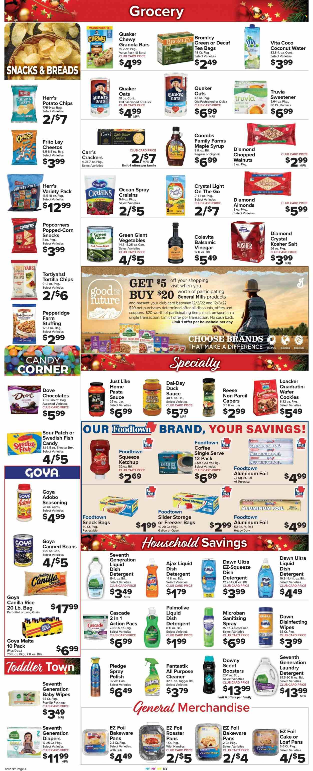 thumbnail - Foodtown Flyer - 12/02/2022 - 12/08/2022 - Sales products - cake, puffs, green beans, pasta sauce, sauce, Quaker, cookies, Dove, wafers, chocolate, crackers, dark chocolate, Sour Patch, tortilla chips, kettle corn, potato chips, Cheetos, chips, popcorn, oats, stevia, sweetener, black beans, capers, craisins, Goya, granola bar, rice, spice, adobo sauce, duck sauce, ketchup, balsamic vinegar, maple syrup, honey, syrup, almonds, walnuts, coconut water, tea bags, coffee, breakfast blend, wipes, baby wipes, nappies, detergent, cleaner, all purpose cleaner, Ajax, Pledge, Cascade, laundry detergent, scent booster, dishwasher cleaner, Palmolive, Sure, polish, pan, bakeware, aluminium foil, freezer bag. Page 4.
