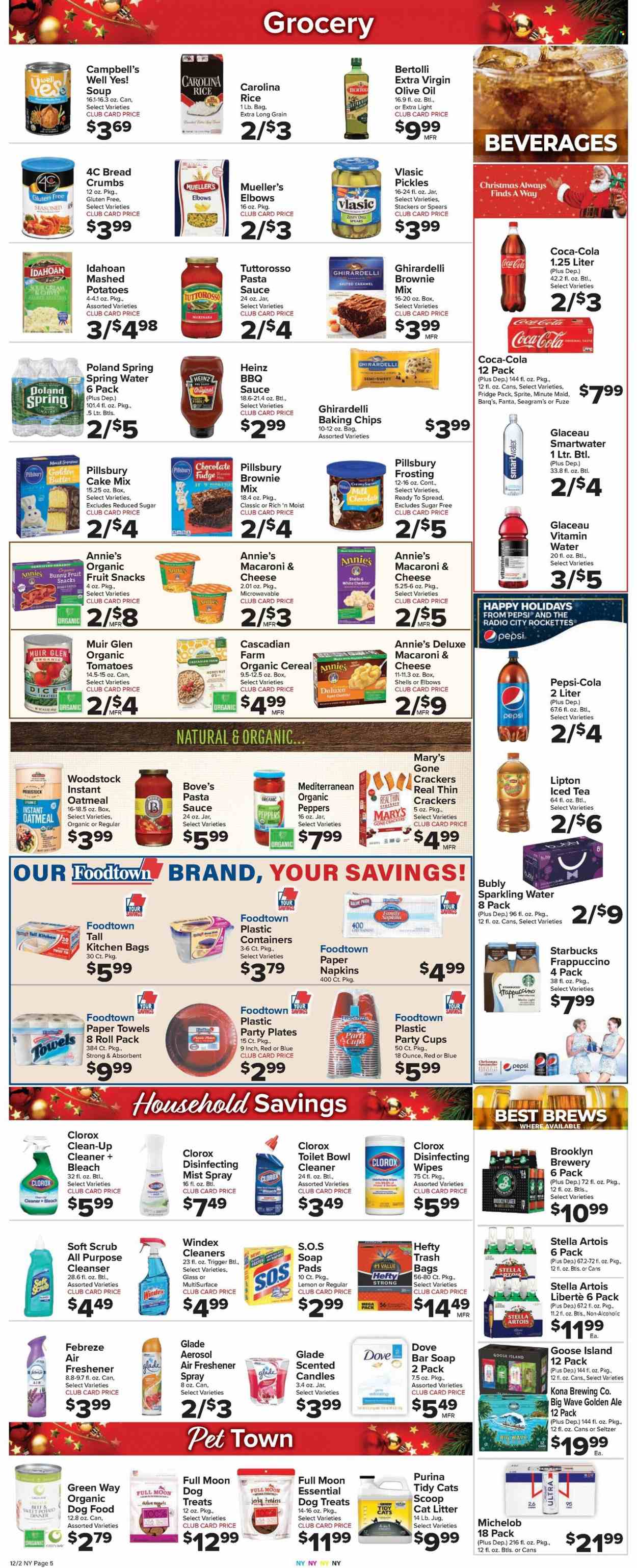 thumbnail - Foodtown Flyer - 12/02/2022 - 12/08/2022 - Sales products - breadcrumbs, brownie mix, cake mix, sweet potato, peppers, chives, Campbell's, macaroni & cheese, mashed potatoes, pasta sauce, soup, nuggets, sauce, Pillsbury, chicken nuggets, Annie's, Bertolli, jerky, butter, Dove, fudge, chocolate, crackers, fruit snack, Ghirardelli, frosting, oatmeal, baking chips, Heinz, pickles, diced tomatoes, cereals, rice, dill, BBQ sauce, extra virgin olive oil, olive oil, oil, Coca-Cola, Sprite, Pepsi, Fanta, Lipton, ice tea, fruit punch, seltzer water, spring water, sparkling water, Smartwater, vitamin water, Starbucks, frappuccino, beer, Lager, wipes, napkins, kitchen towels, paper towels, Febreze, Windex, cleaner, bleach, Clorox, WAVE, soap bar, soap, cleanser, Hefty, plate, cup, candle, air freshener, Glade, freshener spray, plastic plate, party cups, animal food, cat litter, dog food, Purina, Stella Artois, Michelob. Page 5.