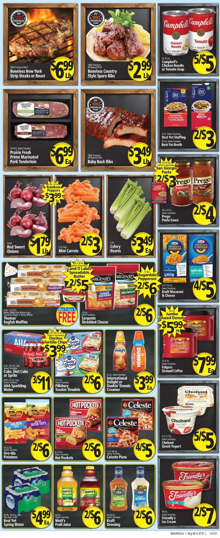 thumbnail - Big M Flyer - 12/02/2022 - 12/08/2022 - Sales products - english muffins, strudel, donut, Dunkin' Donuts, carrots, celery, potatoes, peppers, sleeved celery, Mott's, Campbell's, macaroni & cheese, tomato soup, pizza, pasta sauce, soup, sauce, Pillsbury, noodles cup, noodles, Kraft®, Sugardale, pepperoni, shredded cheese, Sargento, greek yoghurt, yoghurt, Chobani, butter, spreadable butter, creamer, ice cream, Friendly's Ice Cream, potato fries, Ore-Ida, tater tots, Celeste, Doritos, tortilla chips, chips, beef broth, stuffing mix, broth, dressing, Coca-Cola, Sprite, juice, fruit juice, Diet Coke, spring water, sparkling water, coffee, Folgers, ground coffee, breakfast blend, beef meat, steak, striploin steak, pork meat, pork ribs, pork tenderloin, pork spare ribs, pork back ribs, marinated pork. Page 2.
