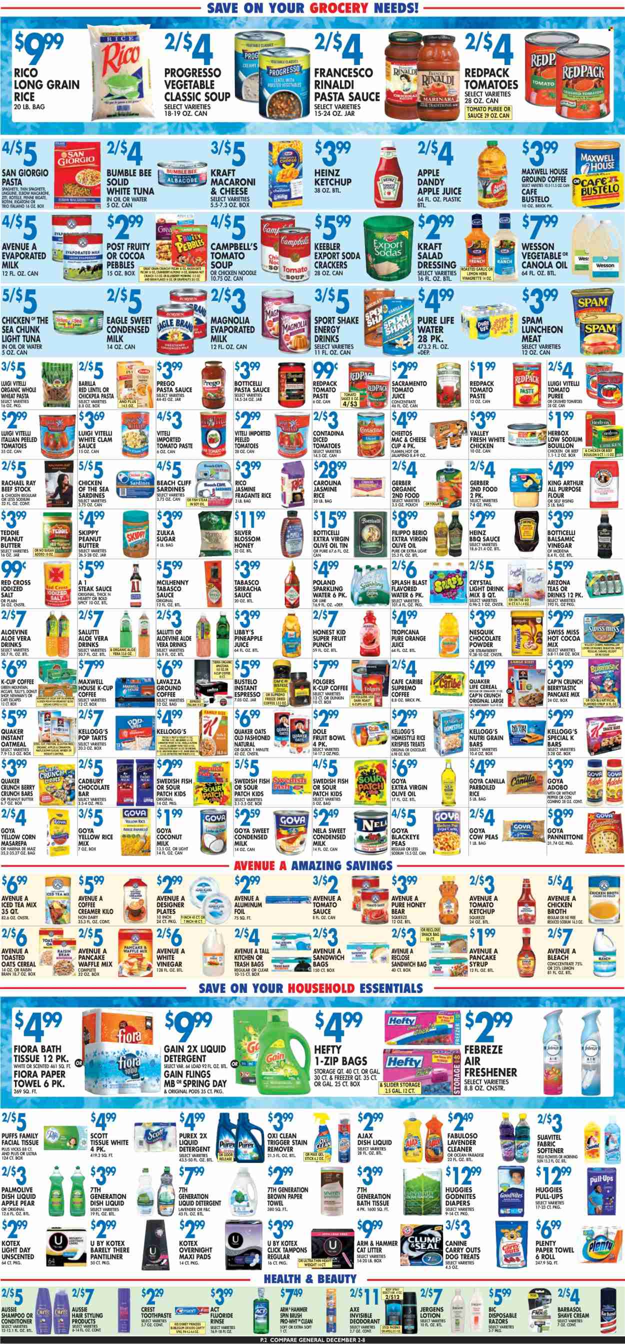 thumbnail - Compare Foods Flyer - 12/02/2022 - 12/08/2022 - Sales products - puffs, corn, peas, Dole, pineapple, pears, clams, sardines, tuna, fish steak, Campbell's, spaghetti, tomato soup, pasta sauce, soup, Bumble Bee, Barilla, Quaker, noodles, Progresso, Kraft®, Spam, lunch meat, cheese cup, Disney, yoghurt, Nesquik, Swiss Miss, evaporated milk, condensed milk, shake, Blossom, creamer, marshmallows, crackers, Kellogg's, Cadbury, Pop-Tarts, Keebler, Sour Patch, chocolate bar, Gerber, Cheetos, all purpose flour, ARM & HAMMER, bouillon, flour, tabasco, chicken broth, oatmeal, broth, coconut milk, crushed tomatoes, tomato paste, tomato sauce, Heinz, light tuna, tomato puree, Chicken of the Sea, Goya, diced tomatoes, cereals, Rice Krispies, bran flakes, Cap'n Crunch, Raisin Bran, Nutri-Grain, toasted oats, jasmine rice, parboiled rice, penne, long grain rice, cinnamon, adobo sauce, BBQ sauce, caramel, salad dressing, sriracha, steak sauce, ketchup, dressing, balsamic vinegar, canola oil, extra virgin olive oil, vinegar, olive oil, honey, pancake syrup, syrup, apple juice, tomato juice, pineapple juice, orange juice, juice, energy drink, ice tea, AriZona, fruit punch, flavored water, soda, sparkling water, Pure Life Water, hot cocoa, Maxwell House, Folgers, ground coffee, coffee capsules, McCafe, K-Cups, Lavazza, breakfast blend, Green Mountain, steak, cat litter, bowl, Vicks. Page 2.