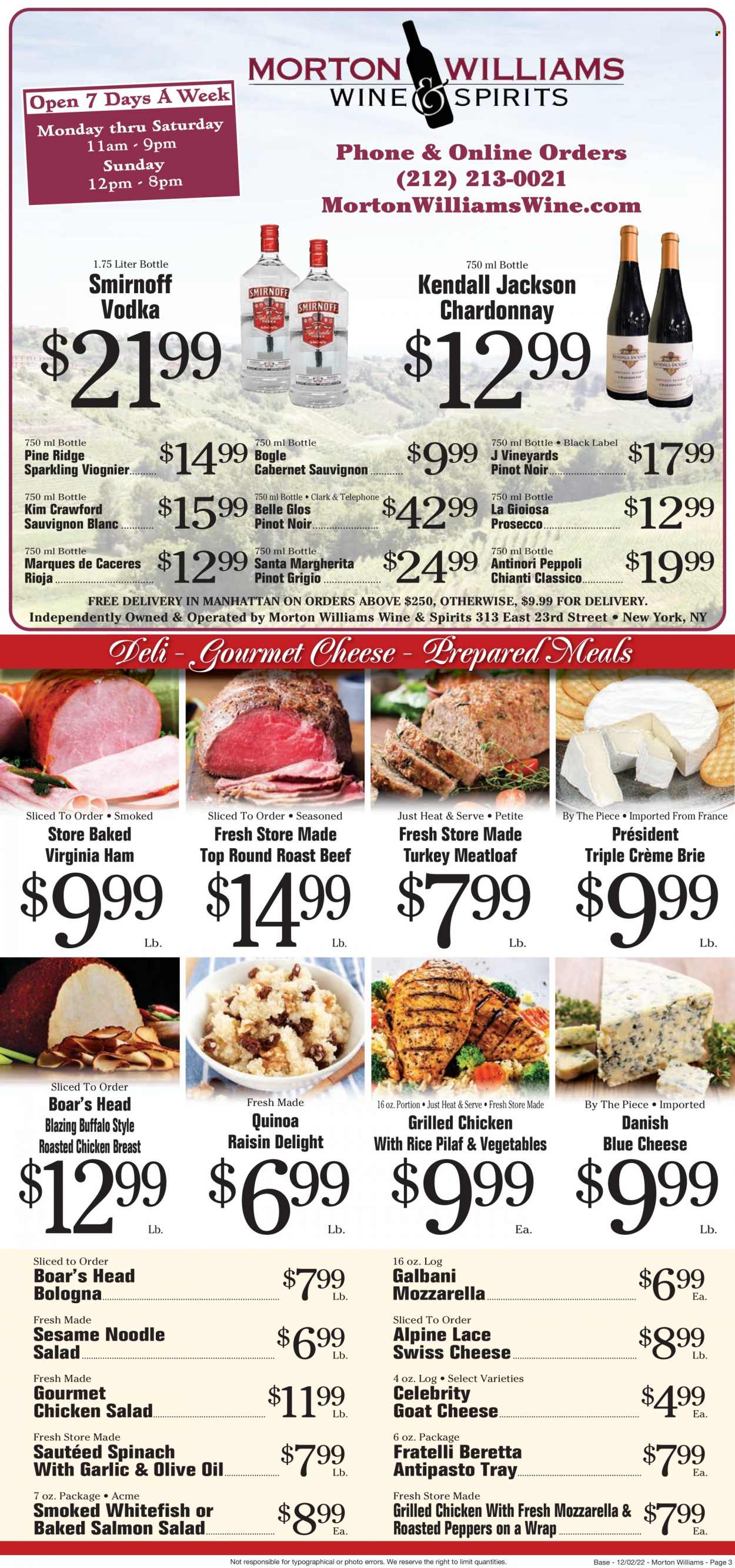 thumbnail - Morton Williams Flyer - 12/02/2022 - 12/08/2022 - Sales products - peppers, salmon, whitefish, chicken roast, meatloaf, noodles, ham, bologna sausage, virginia ham, chicken salad, blue cheese, goat cheese, mozzarella, swiss cheese, cheese, brie, Président, Galbani, Santa, quinoa, Classico, olive oil, oil, Cabernet Sauvignon, red wine, white wine, prosecco, Chardonnay, wine, Pinot Noir, Marqués de Cáceres, Pinot Grigio, Sauvignon Blanc, Smirnoff, vodka, chicken breasts, beef meat, round roast, roast beef. Page 3.