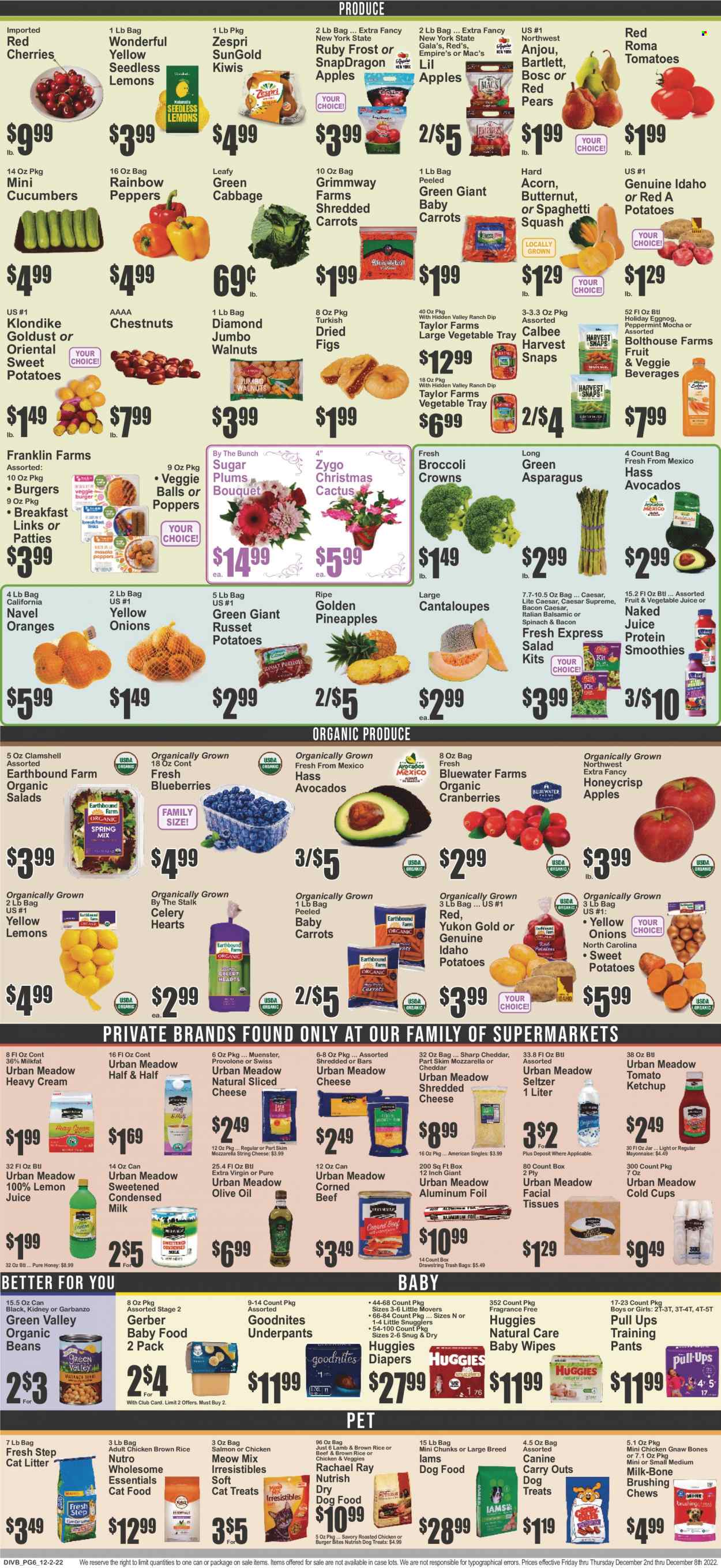 thumbnail - Super Fresh Flyer - 12/02/2022 - 12/08/2022 - Sales products - asparagus, beans, cabbage, cantaloupe, carrots, celery, cucumber, russet potatoes, tomatoes, potatoes, onion, salad, peppers, sleeved celery, apples, avocado, blueberries, figs, Gala, kiwi, pineapple, plums, cherries, pears, oranges, chicken roast, hamburger, corned beef, mozzarella, shredded cheese, sliced cheese, string cheese, Münster cheese, Provolone, milk, condensed milk, mayonnaise, dip, chewing gum, Gerber, sugar, Harvest Snaps, cranberries, brown rice, ketchup, extra virgin olive oil, olive oil, walnuts, chestnuts, dried figs, vegetable juice, smoothie, seltzer water, lemon juice, eggnog, Mac’s, beef meat, wipes, Huggies, pants, baby wipes, nappies, baby pants, tissues, facial tissues, butternut squash, underpants, Half and half, navel oranges. Page 6.