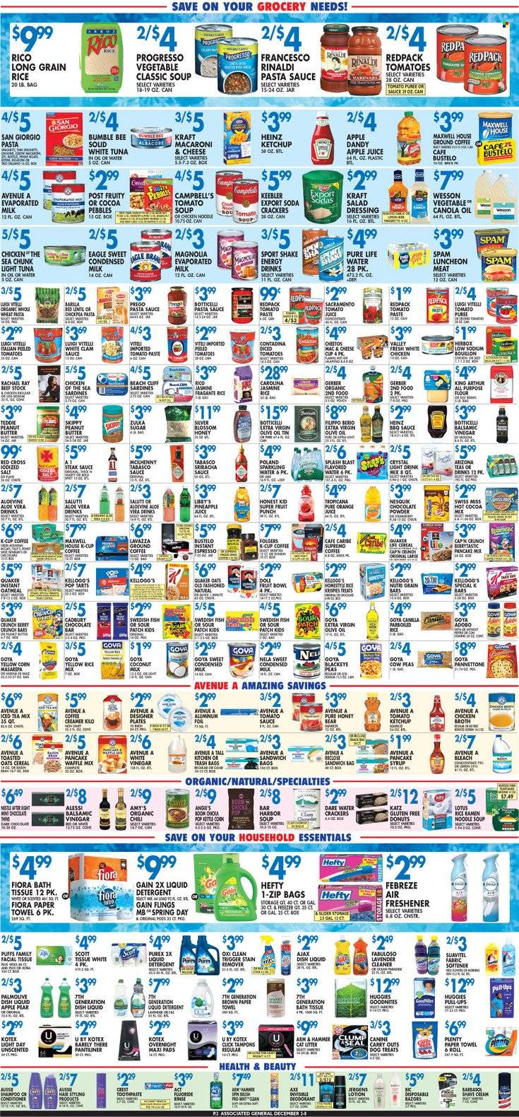 thumbnail - Associated Supermarkets Flyer - 12/02/2022 - 12/08/2022 - Sales products - puffs, peas, Dole, pineapple, pears, clams, sardines, tuna, Campbell's, ramen, tomato soup, pasta sauce, soup, Bumble Bee, noodles cup, Barilla, Quaker, noodles, Progresso, Kraft®, Spam, lunch meat, cheese cup, Nesquik, Swiss Miss, evaporated milk, condensed milk, shake, Blossom, creamer, Nestlé, snack, crackers, Kellogg's, dark chocolate, After Eight, Cadbury, Pop-Tarts, Keebler, sour patch, chocolate bar, Gerber, kettle corn, Cheetos, Thins, all purpose flour, ARM & HAMMER, bouillon, flour, sugar, tabasco, chicken broth, oatmeal, broth, coconut milk, tomato paste, tomato sauce, Heinz, light tuna, tomato puree, Chicken of the Sea, Goya, diced tomatoes, cereals, Rice Krispies, Nutri-Grain, toasted oats, jasmine rice, long grain rice, adobo sauce, BBQ sauce, salad dressing, sriracha, steak sauce, ketchup, dressing, balsamic vinegar, canola oil, extra virgin olive oil, vinegar, olive oil, honey, peanut butter, pancake syrup, syrup, apple juice, pineapple juice, orange juice, juice, energy drink, ice tea, AriZona, flavored water, soda, hot cocoa, Maxwell House, Folgers, ground coffee, coffee capsules, K-Cups, Lavazza, sake, punch, steak, Huggies, bath tissue, Scott, Plenty, paper towels, detergent, Febreze, Gain, cleaner, bleach, stain remover, Ajax, Fabuloso, fabric softener, liquid detergent, Purex, dishwashing liquid, shampoo, Palmolive, toothpaste, Crest, Kotex, tampons, toner, Aussie, conditioner, body lotion, Jergens, anti-perspirant, deodorant, Axe, Barbasol, shave cream, disposable razor, Lotus, Hefty, trash bags, cat litter, bowl. Page 2.