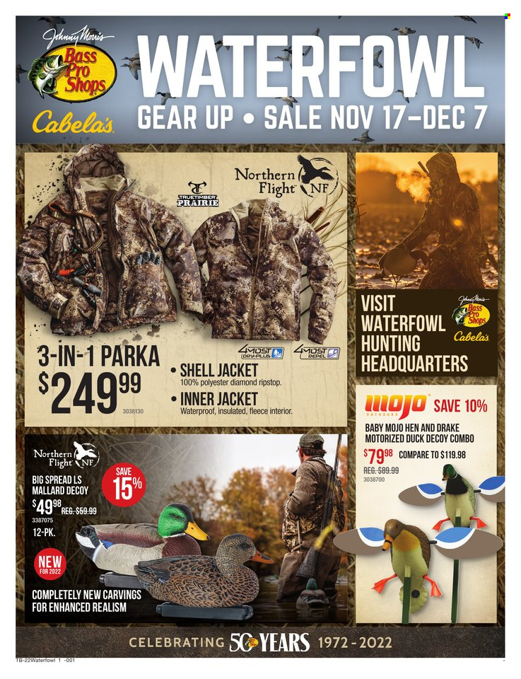 thumbnail - Cabela's Flyer - 11/17/2022 - 12/07/2022 - Sales products - jacket, parka, Bass Pro, Shell. Page 1.